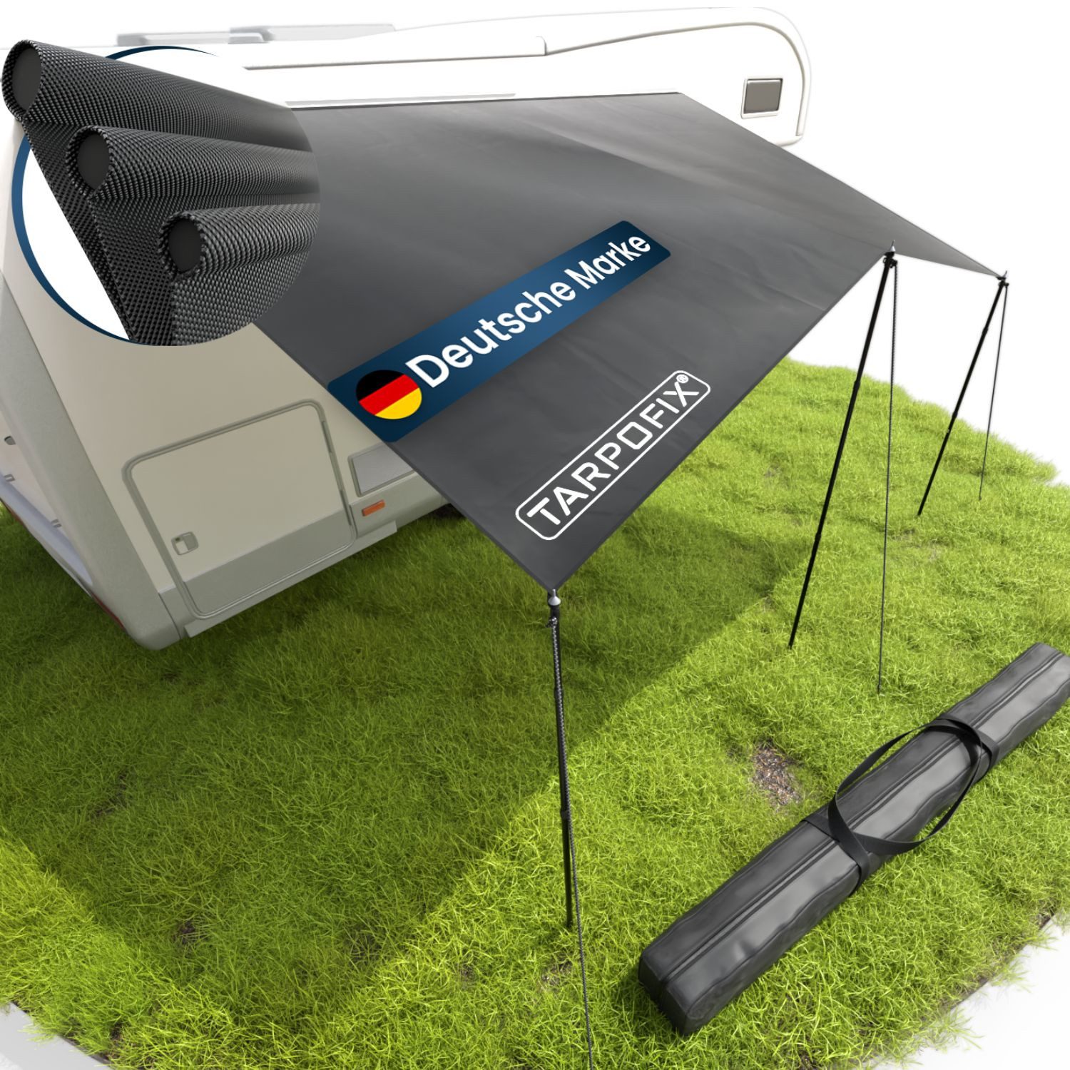 Tarpofix® Vorzelt Wohnwagen Wohnmobil wasserdicht 420D Oxford, (Sonnensegel mit 3-fach-Keder, inkl. Teleskopstangen & LED-Kette), 400x240 cm UV 60+
