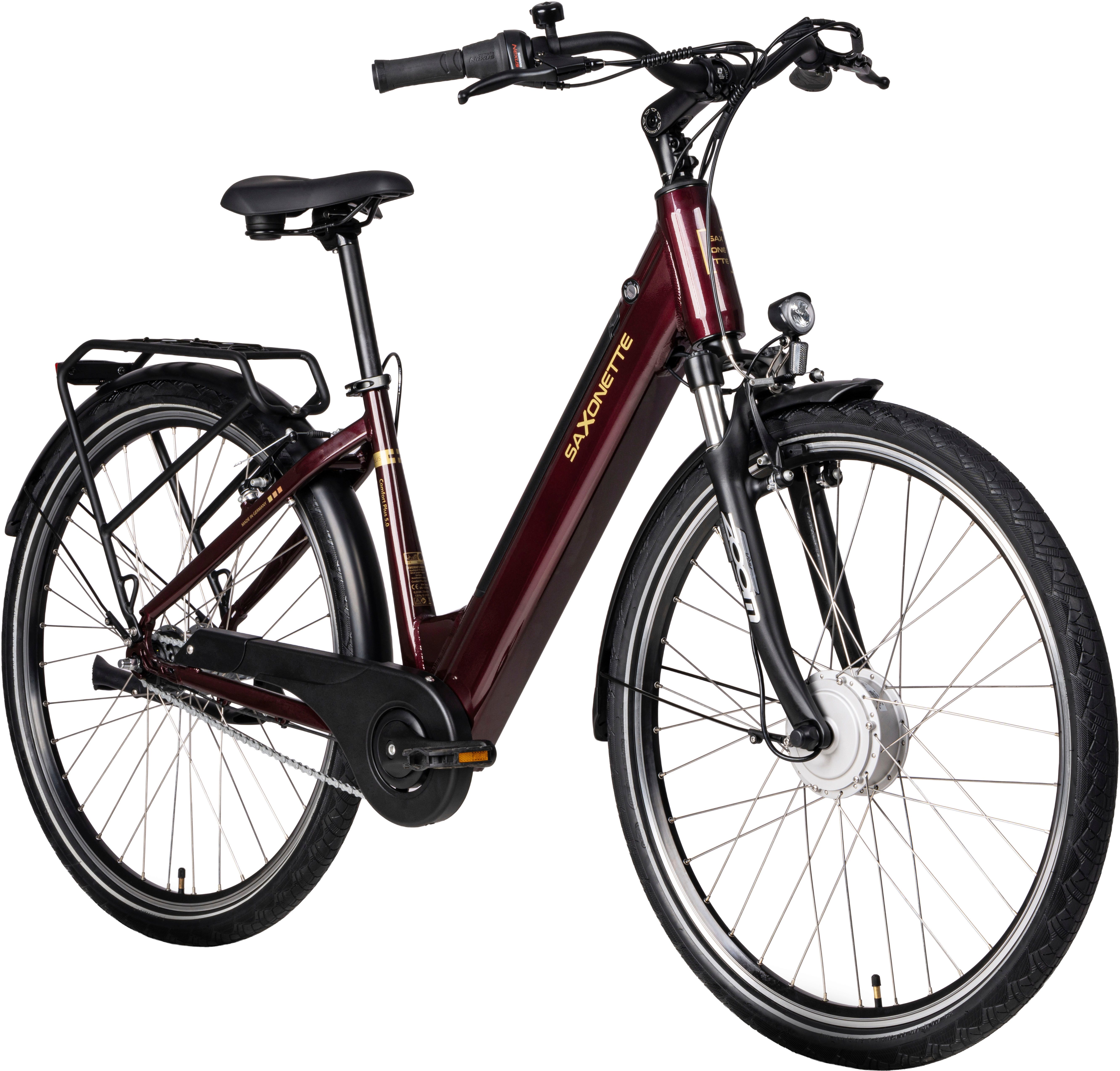 SAXONETTE E-Bike Cityrad SAXONETTE Comfort Plus 5.0 E-Bike Damen 28 Zoll, 7 Gang Shimano Nexus 7 Gänge Schaltwerk, Nabenschaltung, Frontmotor, 468 Wh, (Packung), (mit integr. Akku), Elektrofahrrad für Alltag und Einkauf