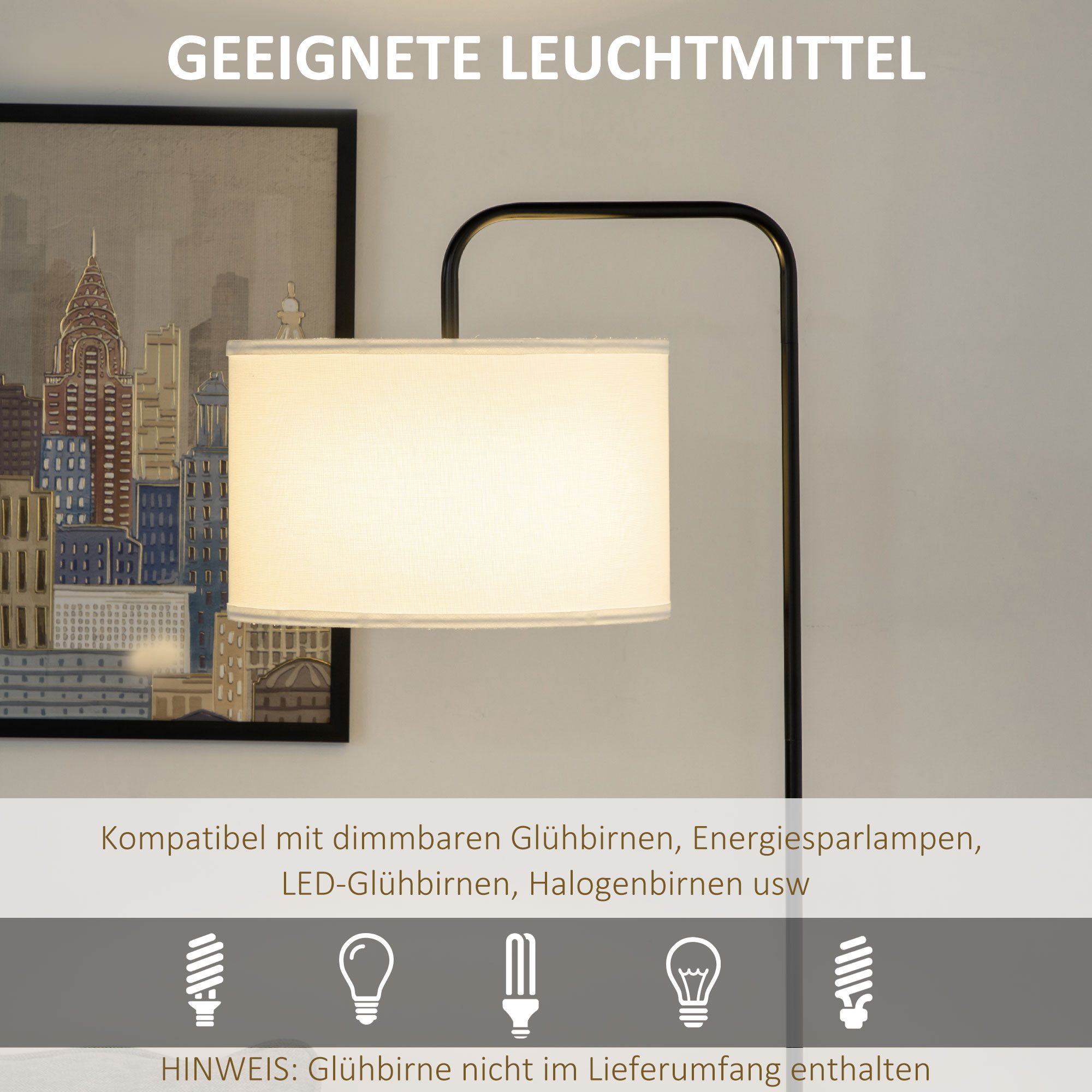 HOMCOM Stehlampe Wohnzimmer Stehleuchte mit Stoff-Lampenschirm, Fußschalter, ohne Leuchtmittel, mit Stahlständer für Schlafzimmer, Weiß