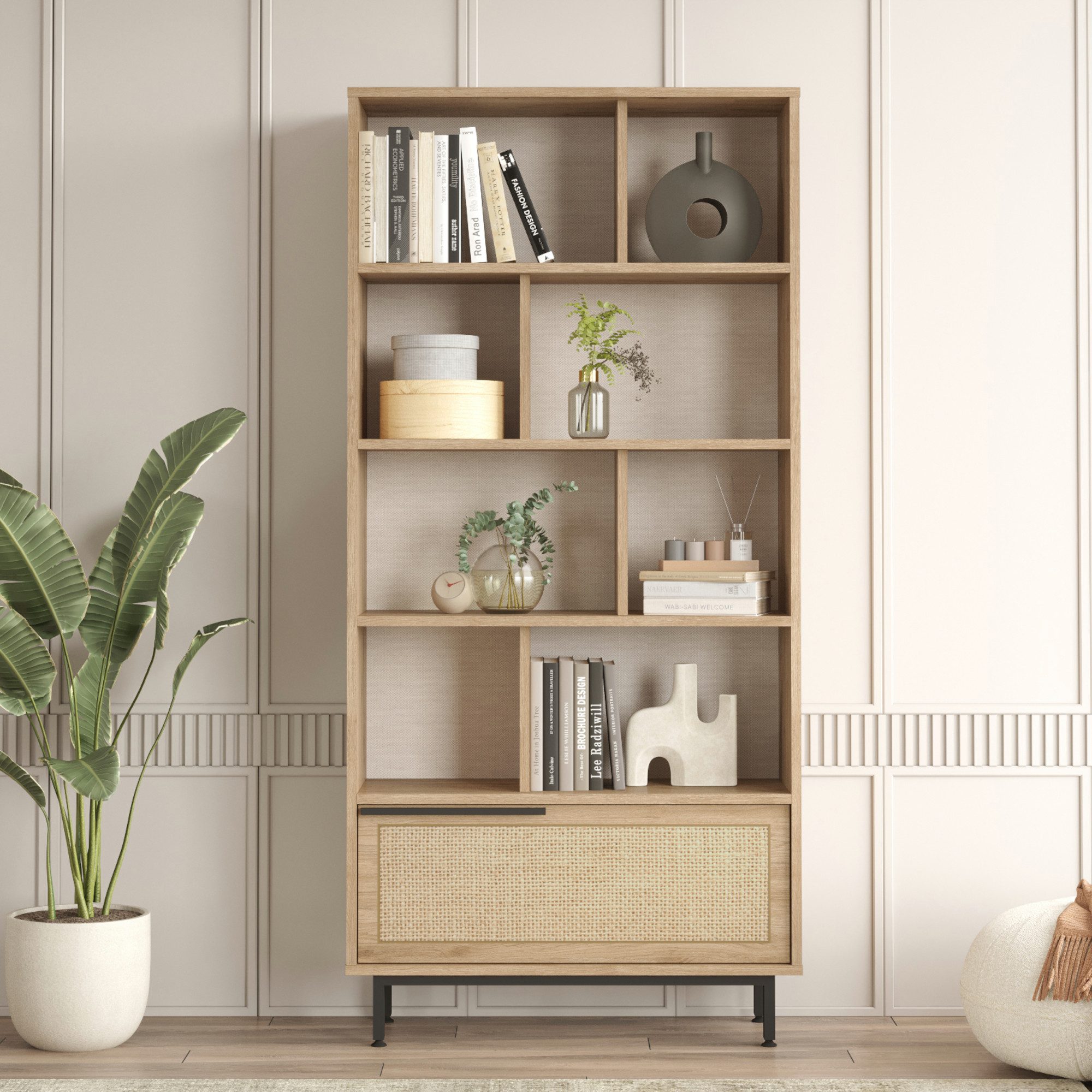 en.casa Bücherregal, »Kvænangen« mit 9 Fächern 176x84x30 cm Eiche-/Rattanoptik
