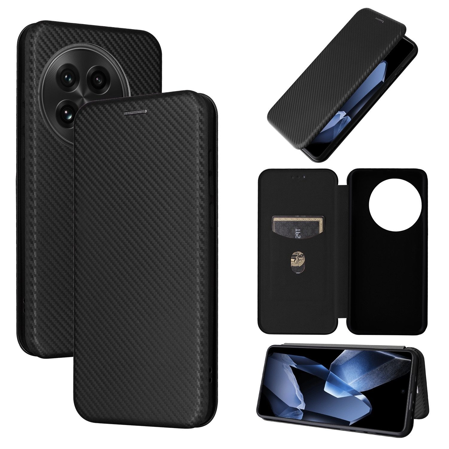 Wigento Smartphone-Hülle Für OnePlus 13 Carbon Faser Flip Textur Design Schutz Hülle Schwarz, Carbon Faser Flip Schutzhülle mit Kartenfach und Ständer