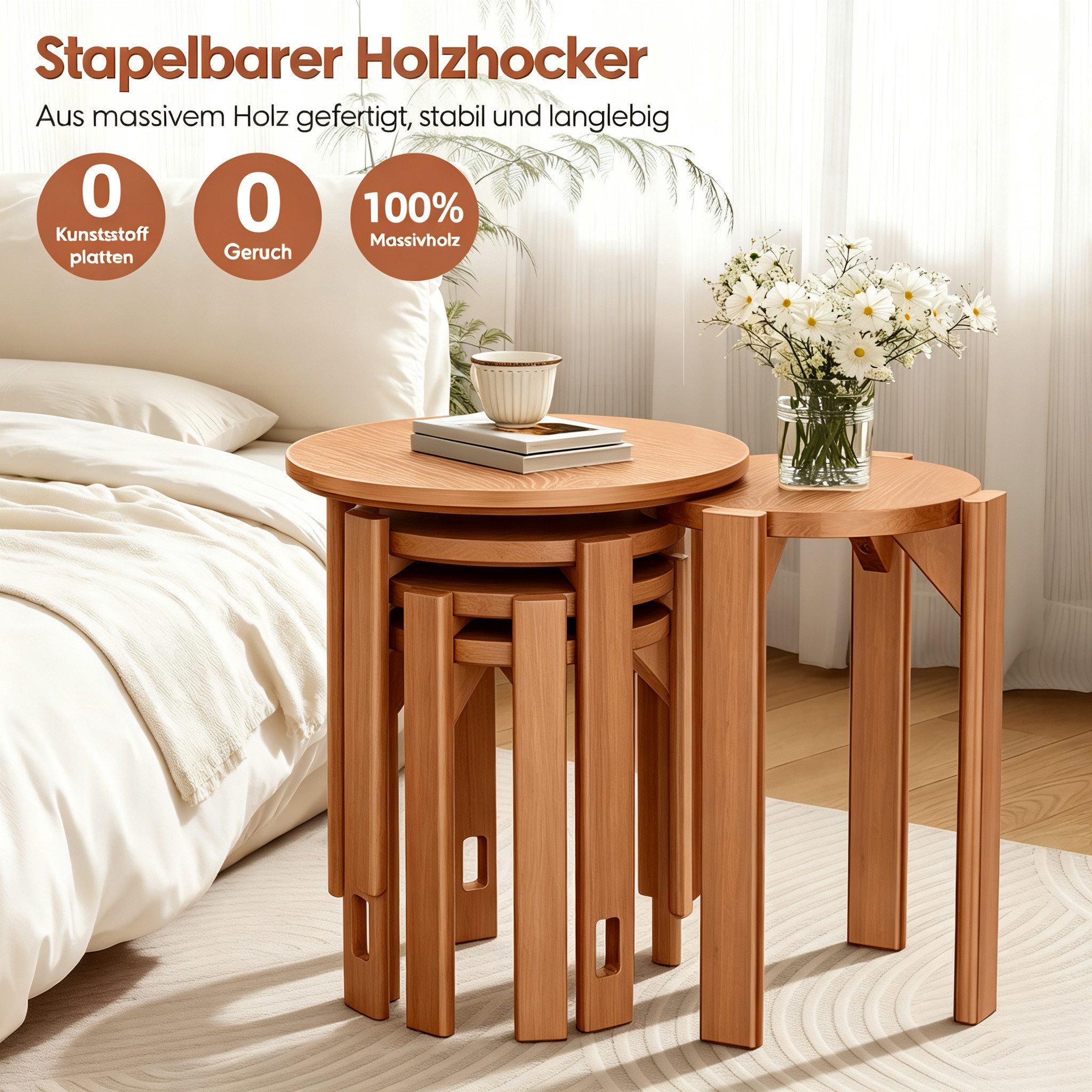 Rutaqian Sitzhocker Massivholz Stapelhocker 4er Set mit Rollen, runde Hocker (Ein 4-teiliges Set), 4 Hocker als ein Möbelstück – stapelbar, Massivholz & mit Rol – Bild 5 von 5