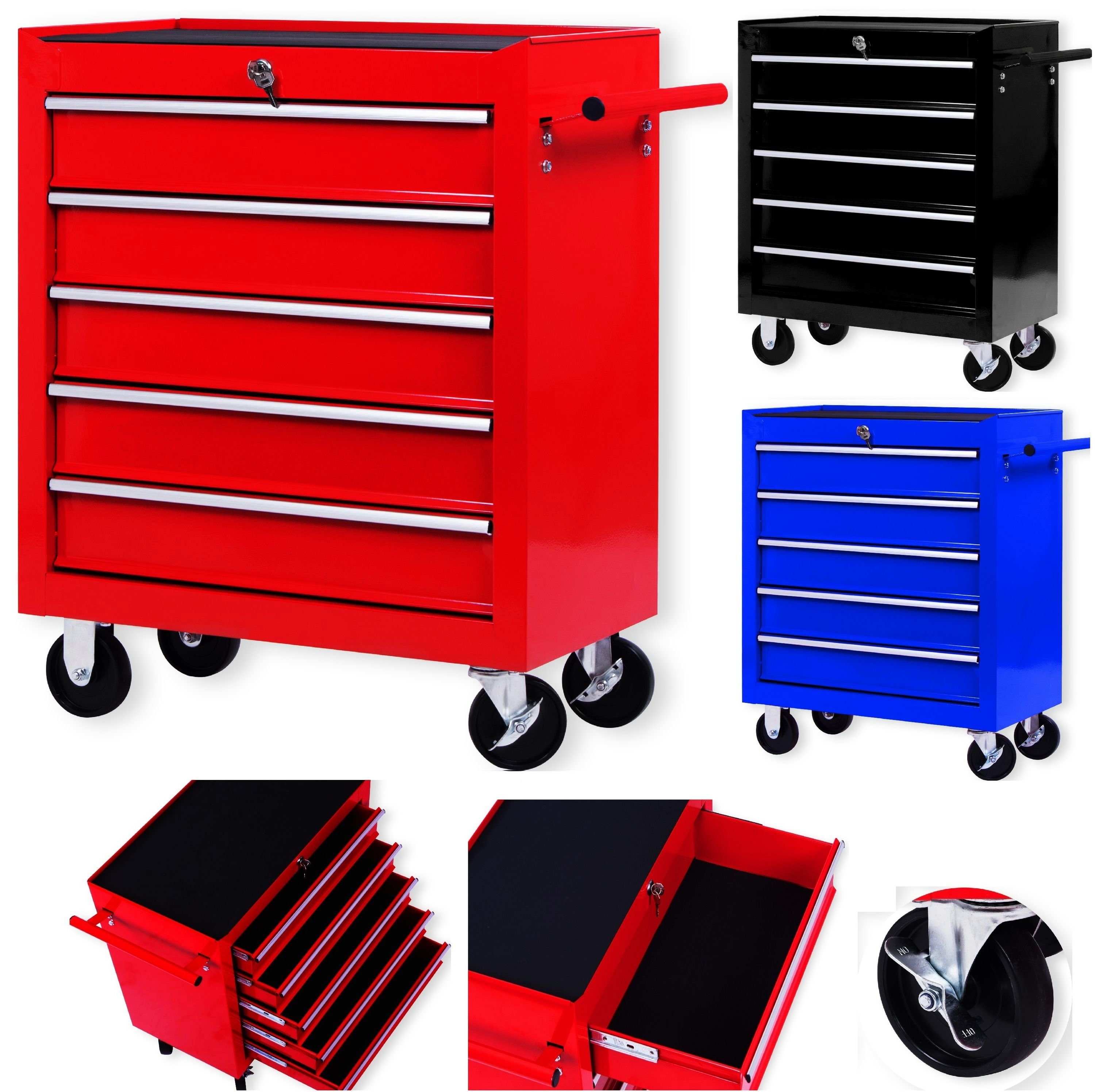 MASKO Тележка для мастерских, 5 Fächer Rot, Werkzeugwagen Rollwagen Werkzeugkiste Fächer Toolbox Werkzeug Box