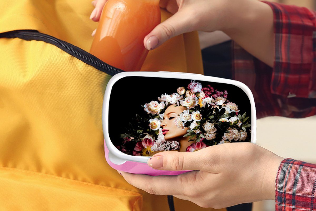 rosa Lunchbox für - Brotdose Erwachsene, - Blumen Kinder, Kunststoff - Brotbox Frauen Kunststoff, (2-tlg), Porträt, MuchoWow Mädchen, Snackbox, Rosen
