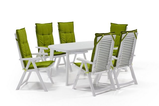 Shaf Gartenlounge-Set Shaf Diningset Milano weiß 7 teilig, mit Stühle, Tisch, und Polster, klappbarer Stuhl, verstellbare Rückenlehne