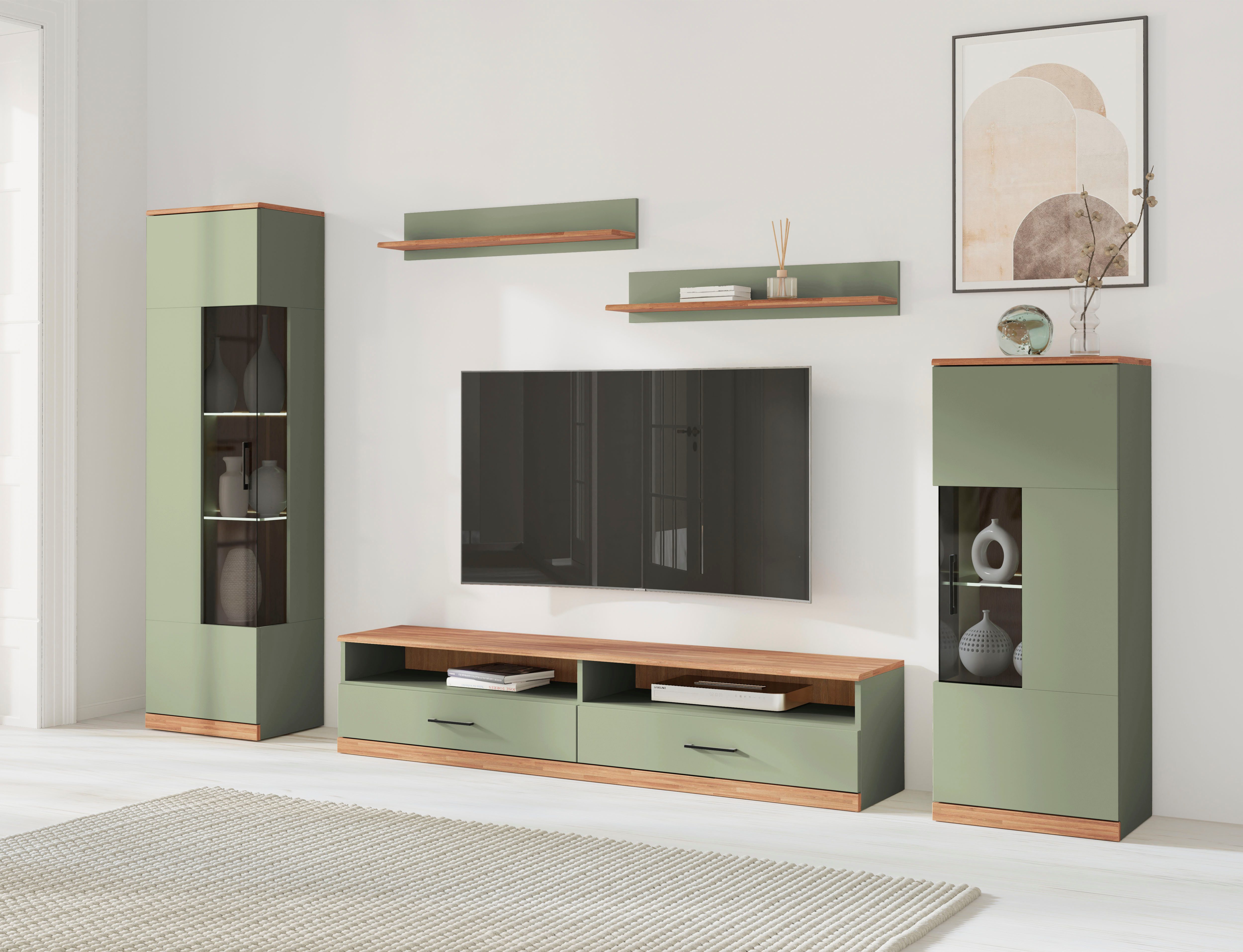 Home affaire Wohnwand Ribe,Set-5 St.,Oberplatten Eiche massiv,viel Stauraum, (5-St), Glaseinsatz aus gehärtetem Glas,Böden teilweise versetzbar