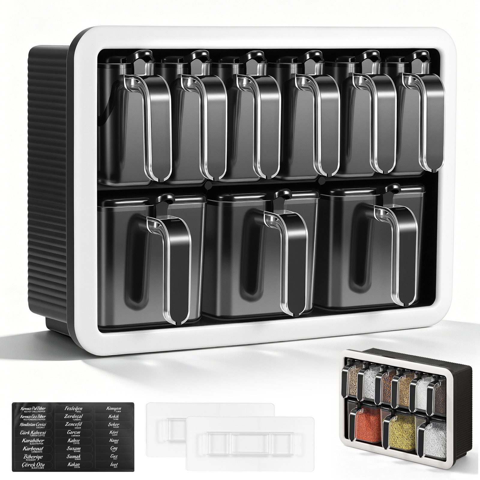 BlingBin Gewürzbehälter Wandmontage Gewürzregal mit 9 Gewürzdosen & Löffeln, 550 & 250ml, Kunststoff, (9er Set, 1-tlg., Produktmaße: 32 x 11 x 22 cm), Gewürz-Organizer für Gewürze, Zucker, Salz, Pfeffer, Ohne Bohren
