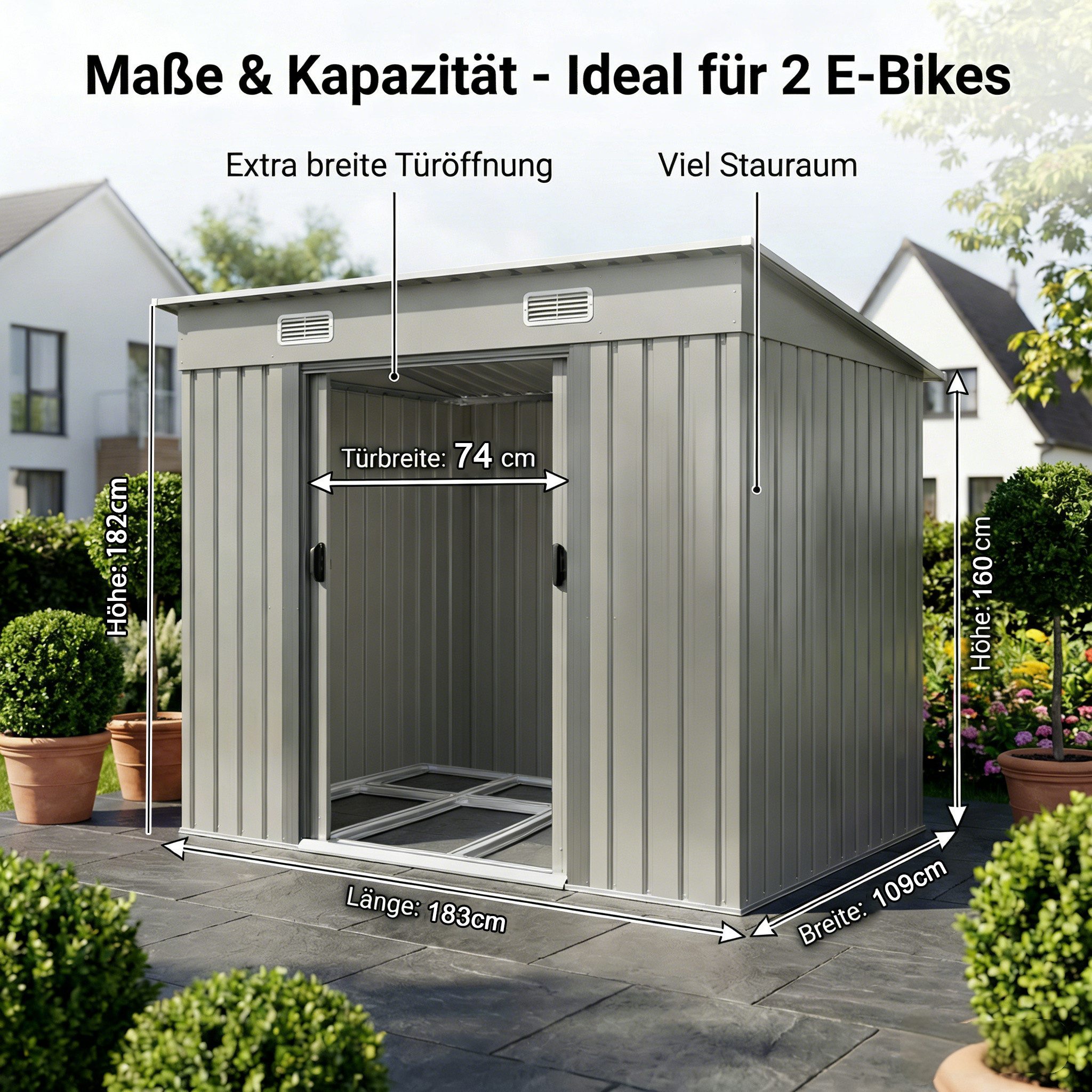 GUNJI Gerätehaus Metall Geräteschuppen Inkl. Stahlfundament, Gartenhaus mit Pultdach, M: 1,8m x 1,1m, L: 2.3m x 2m, XL: 2.4m x 3m, Doppelschiebetür