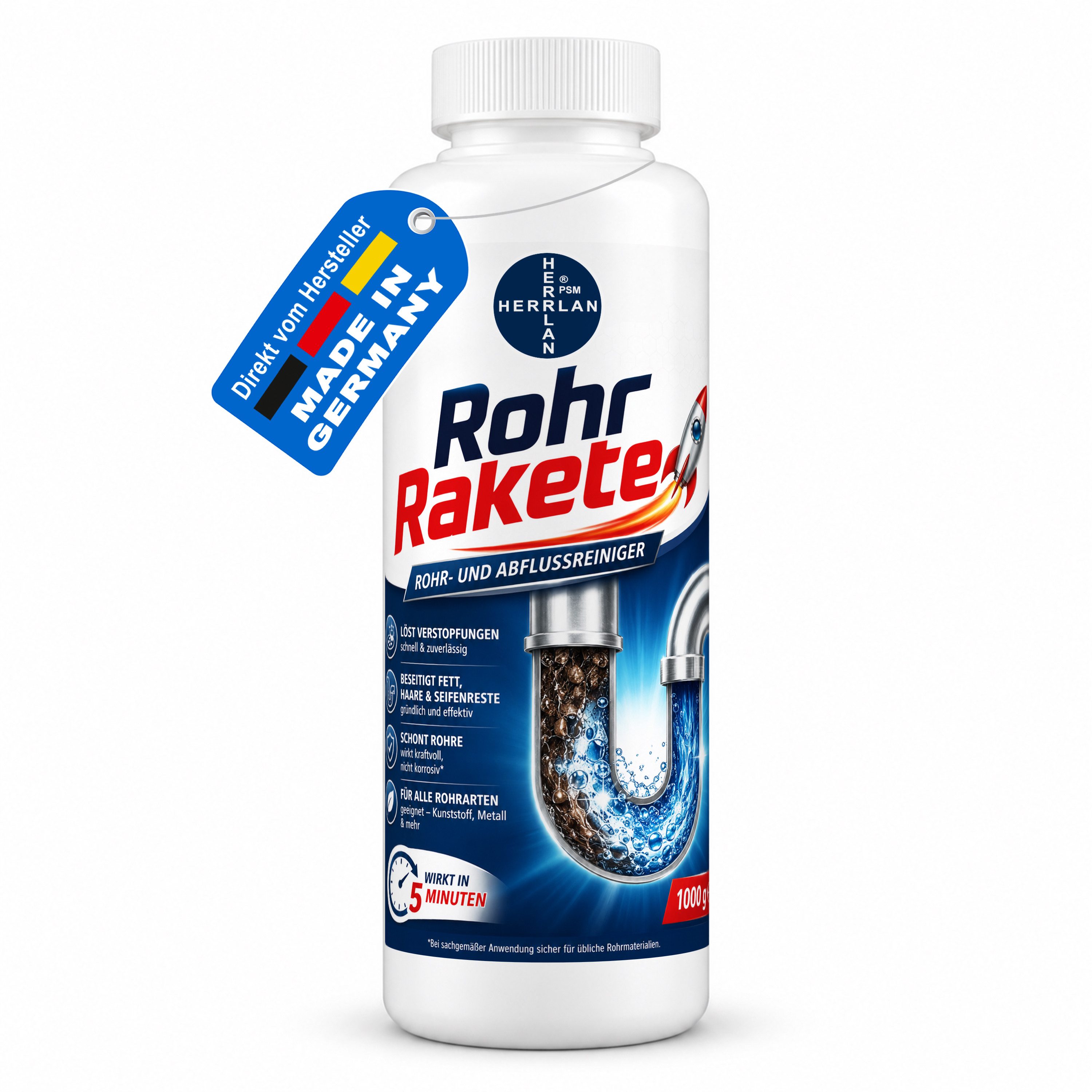 HERRLAN RohrRakete Profi Abflussreiniger & Rohrreiniger (1 Kg gegen Verstopfungen in Küche, Bad, WC & Dusche)