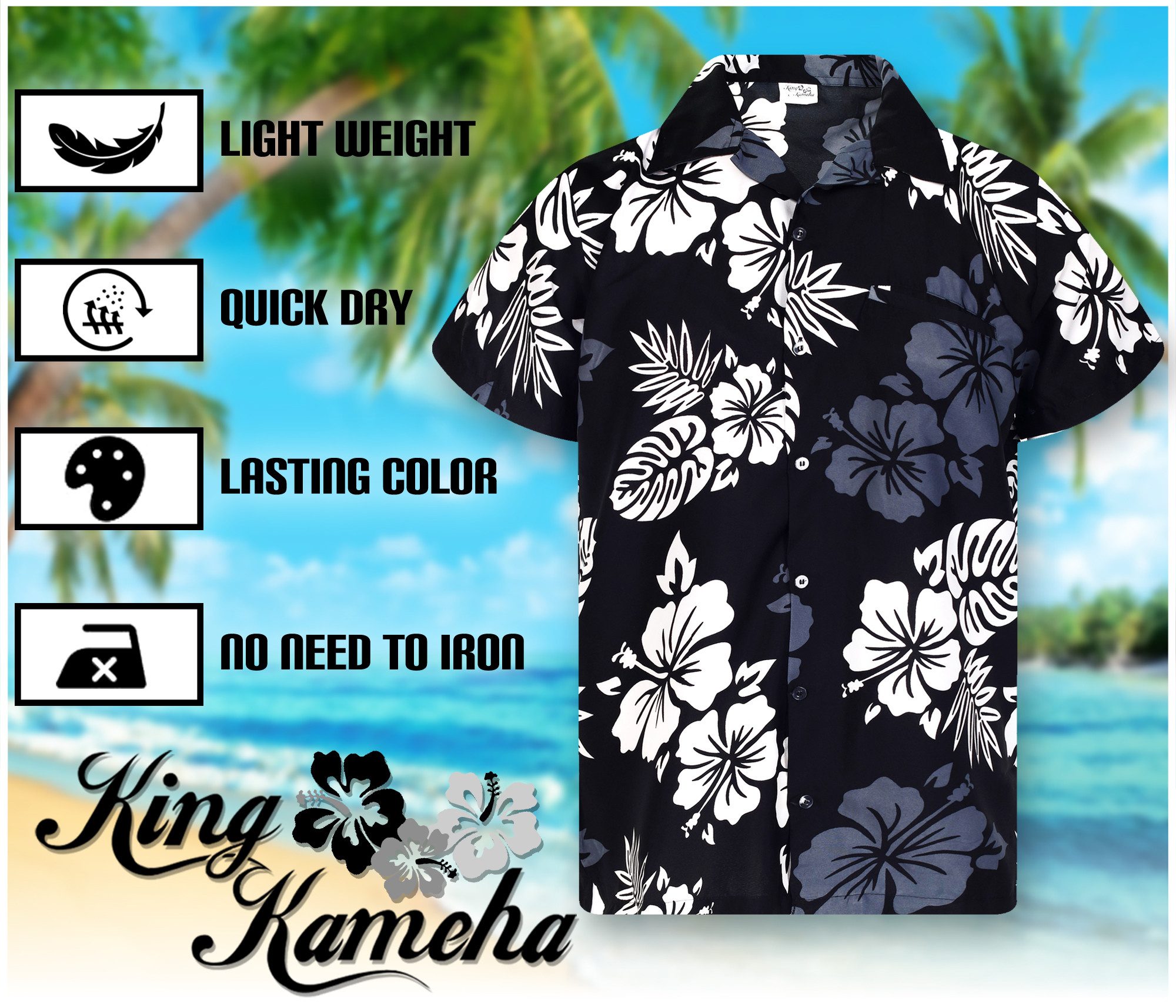 King Kameha Hawaiihemd "Mono Hibiscus" Funky Hawaii-Hemd Herren Kurzarm Front-Tasche Stylish – Bild 5 von 5