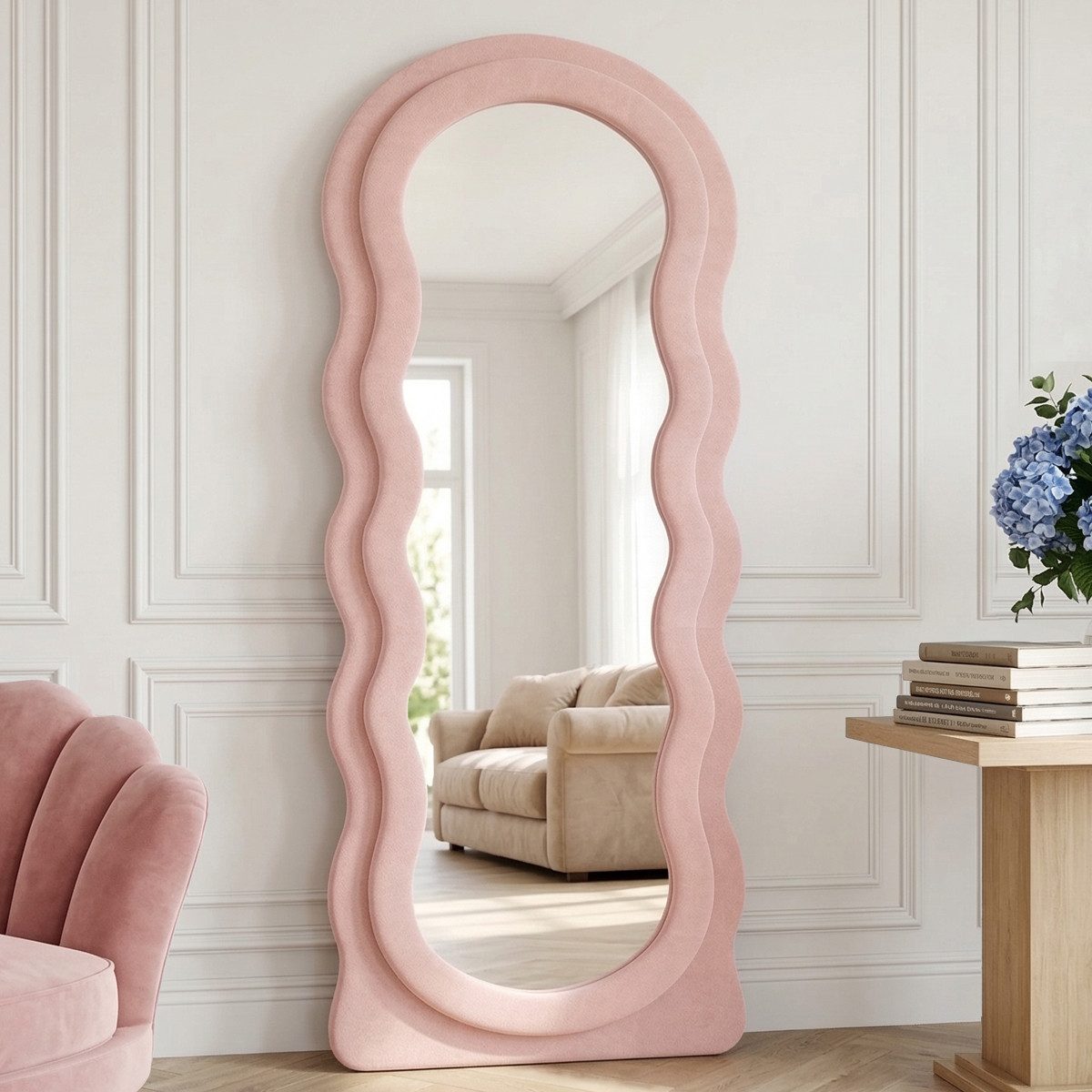 LUNAMIRROR Ganzkörperspiegel im gewellte Form, Samtbezug, Holzrahmen (1-St), stehend & hängend, 160x60 cm, Weiß/Beige/Grün/Rosa