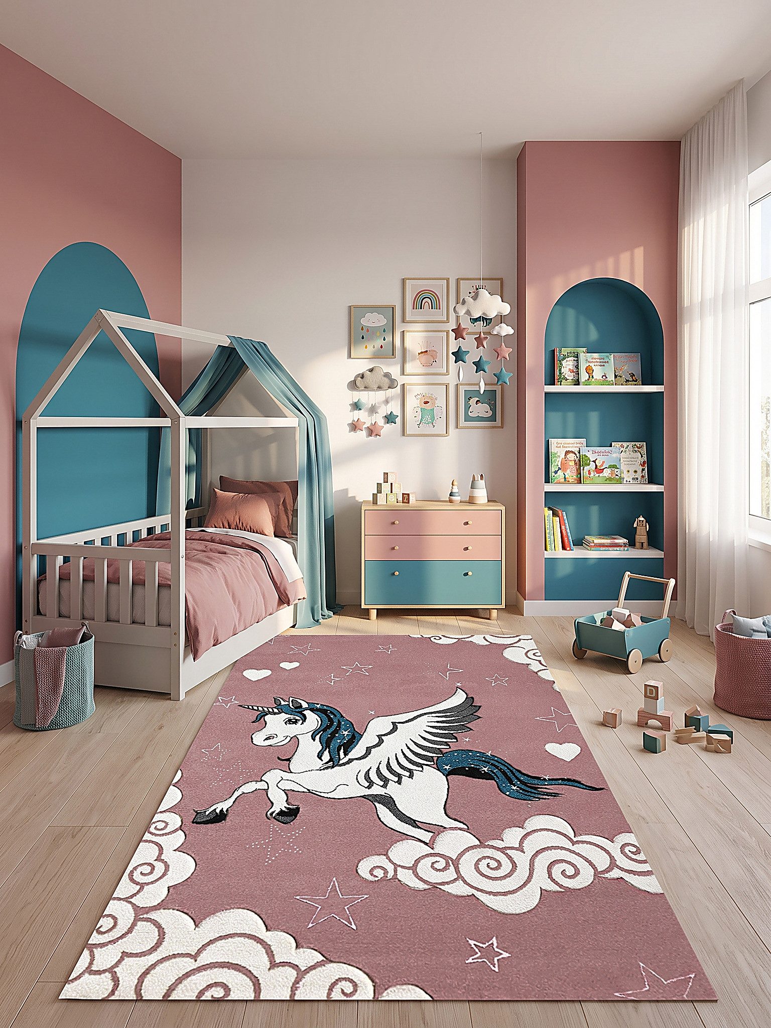 KADIMA DESIGN Kinderteppich IDRO Kinderteppich Pink 80x150 Sterne Polypropylen Kurzflor, Läufer, Höhe: 14 mm, Saugroboter-geeignet, Strapazierfähig, Fußbodenheizung geeignet