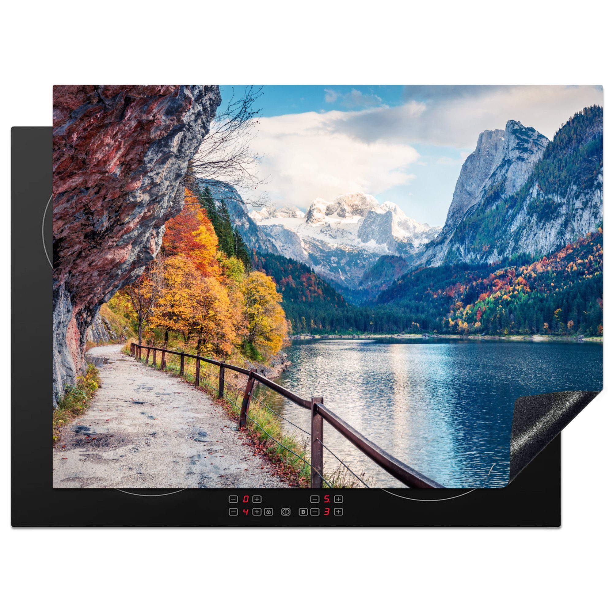 MuchoWow Herdblende-/Abdeckplatte Berge - See - Weg - Natur - Wasser, Vinyl, (1 tlg), 70x52 cm, Mobile Arbeitsfläche nutzbar, Ceranfeldabdeckung