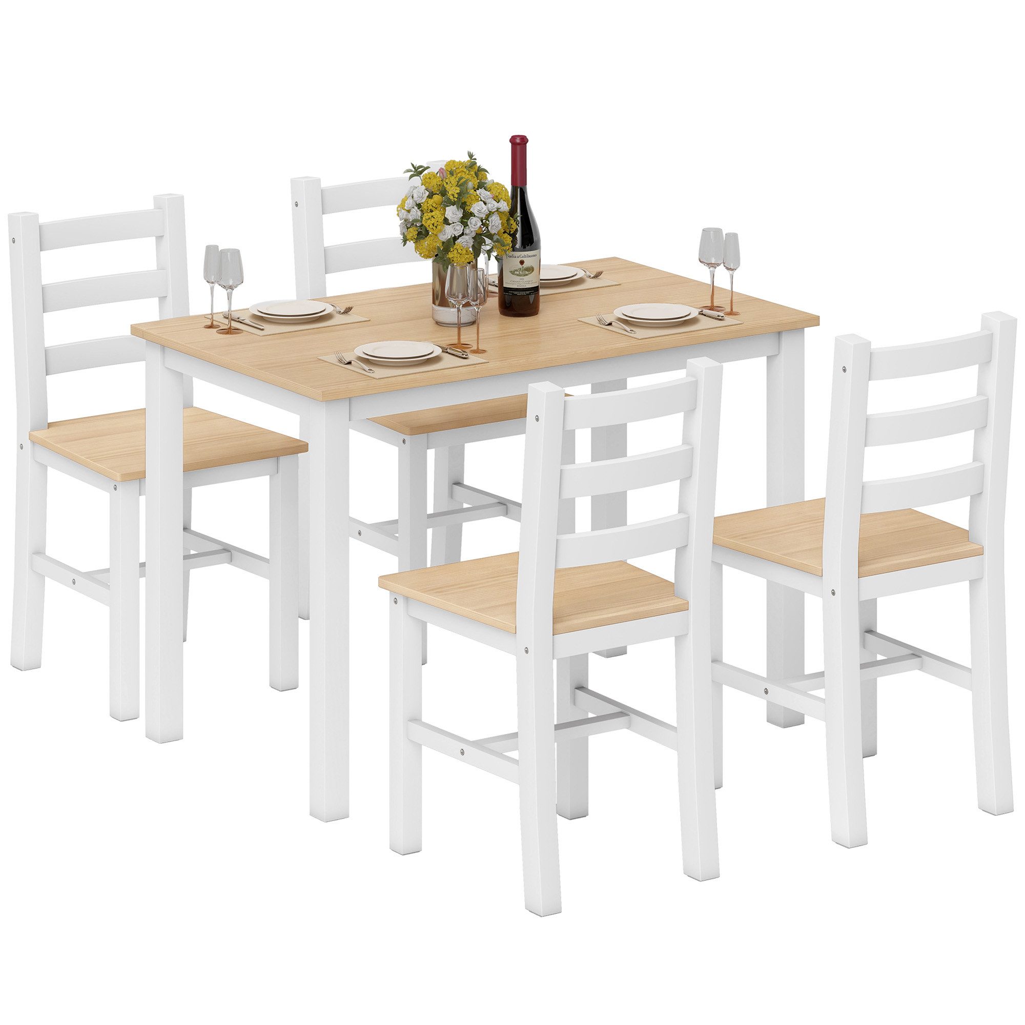 HOMCOM Essgruppe Esstisch mit 4 Stühlen aus Massivholz, (Set, 5-tlg., 1 Tisch, 4 Stühle), Platzsparendes Set, Stühle unterschiebbar