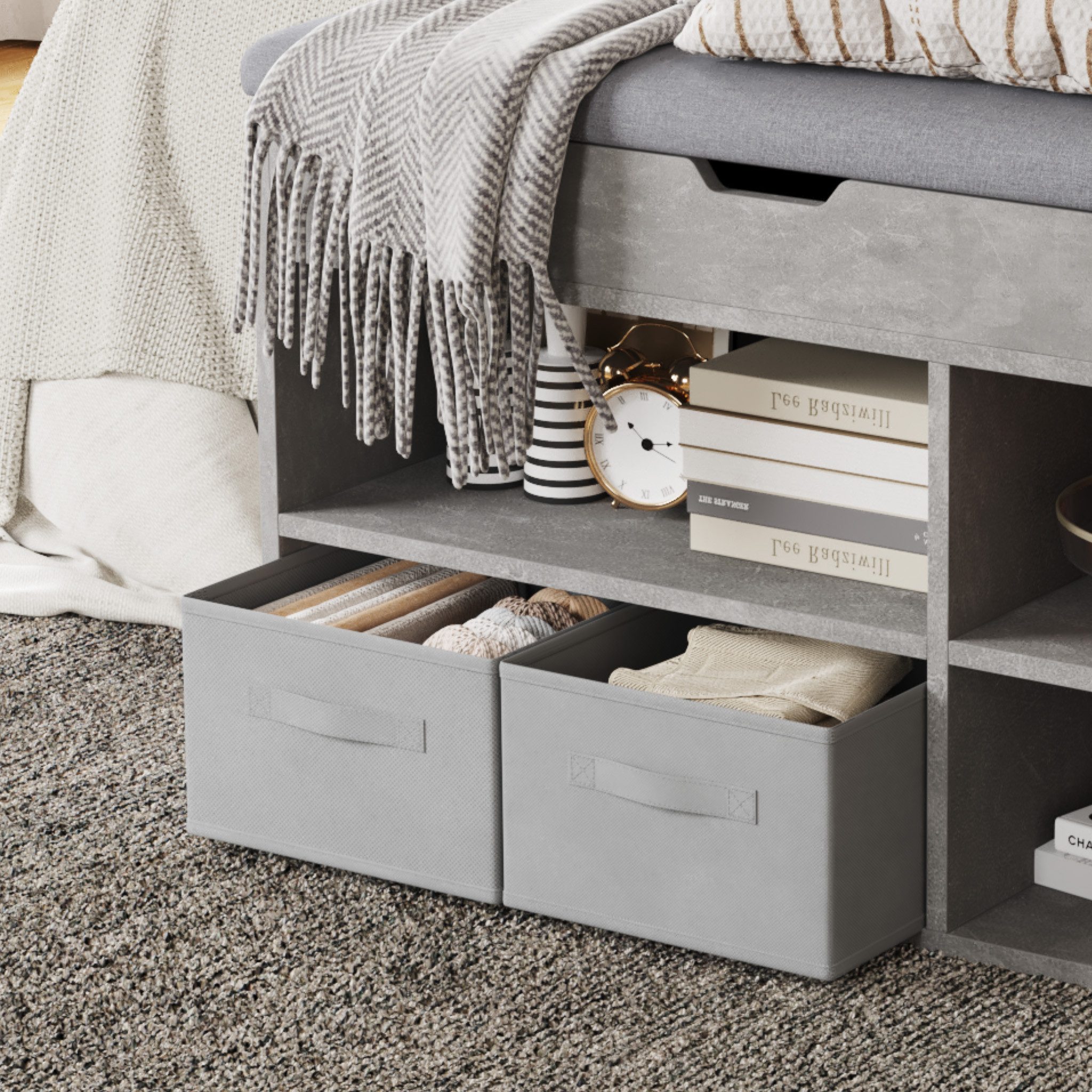 Mondeer Schuhbank Schuhhocker (80 x 48 x 30 cm), Holzschuhablage mit Stoffschublade und aufklappbarem Sitzfläche – Bild 5 von 5
