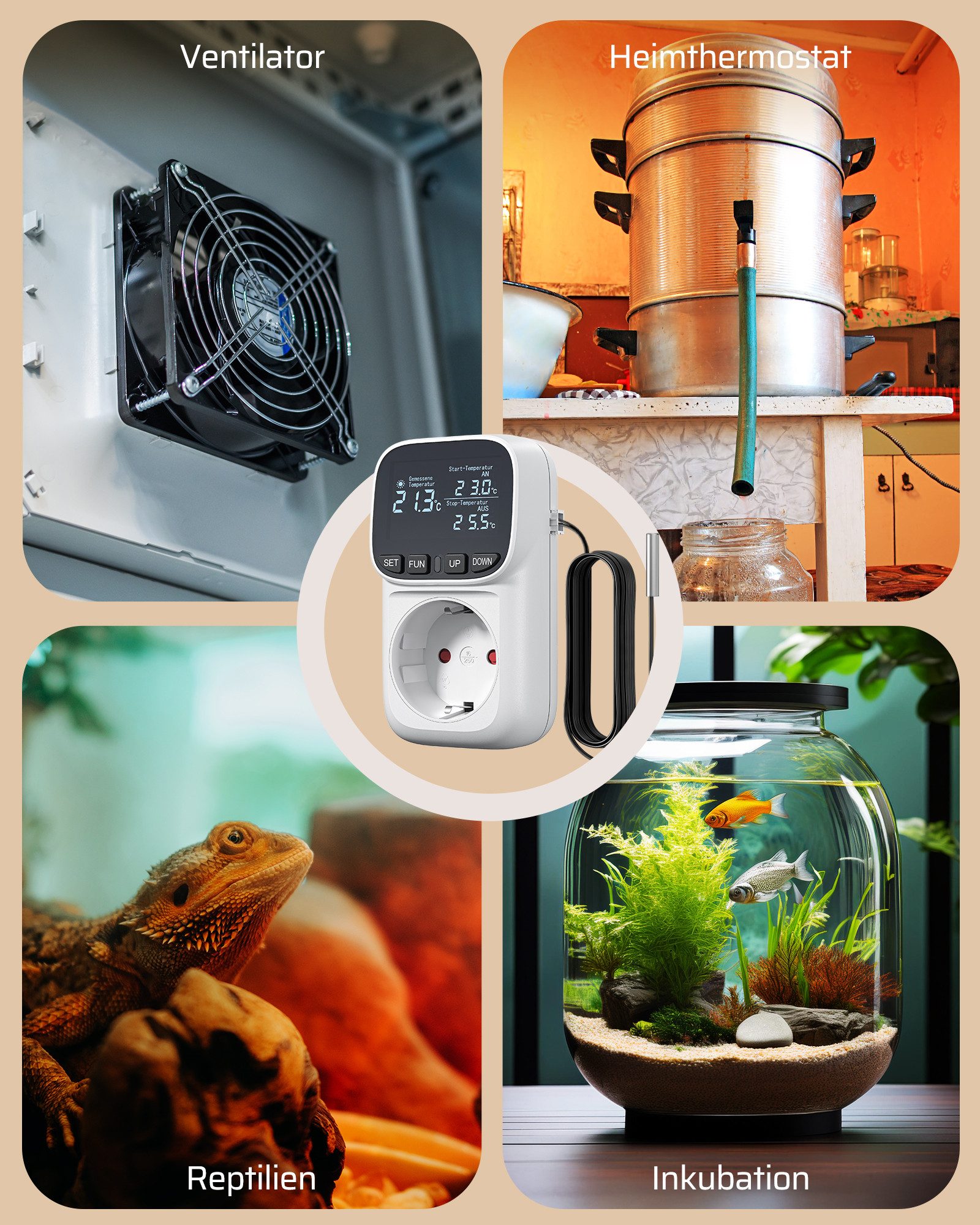 DEWENWILS Steckdosen-Thermostat Temperaturregler, Deutsches Display, Temperaturschalter mit Fühler, Thermostat, Thermostat Steckdose