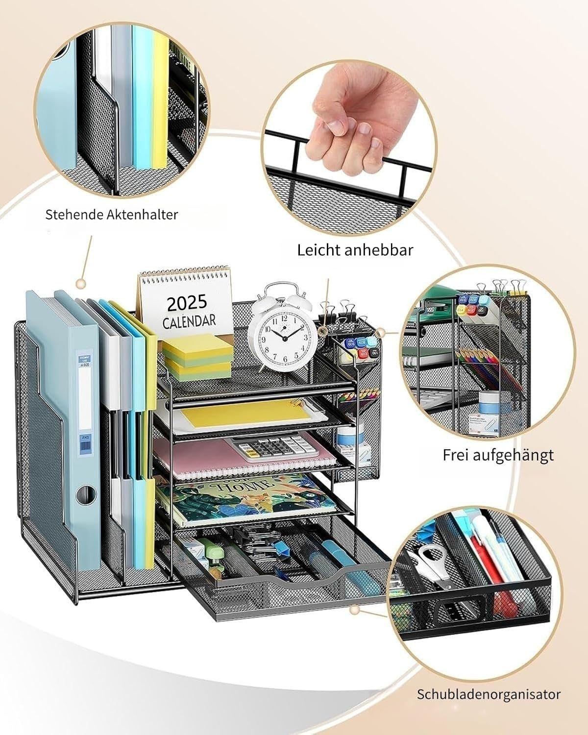 Refined Living Organizer Schreibtisch Organizer mit Aktenhalter, Büro Organizer, mit 5 Fächern (5-stufiger Papier Organizer mit Schublade und Stifthalter, Mesh Schreibtisch Akten Organizer mit Zeitschriftenhalter, mit vertikalen Aktenordnerhaltern, Schreibtisch Aufbewahrung, Bürobedarf, Schreibtisch Ablage, Stifthalter Organizer, Multifunktionale Büroorganisation, Netz Schreibtisch-Organizer für Zuhause, 1 St., Schreibtischablage,Viel Stauraum, Platzsparend,rostbeständig), für Büro,Zuhause,Schule–für Zeitschriften,Akten, Schreibwaren und mehr
