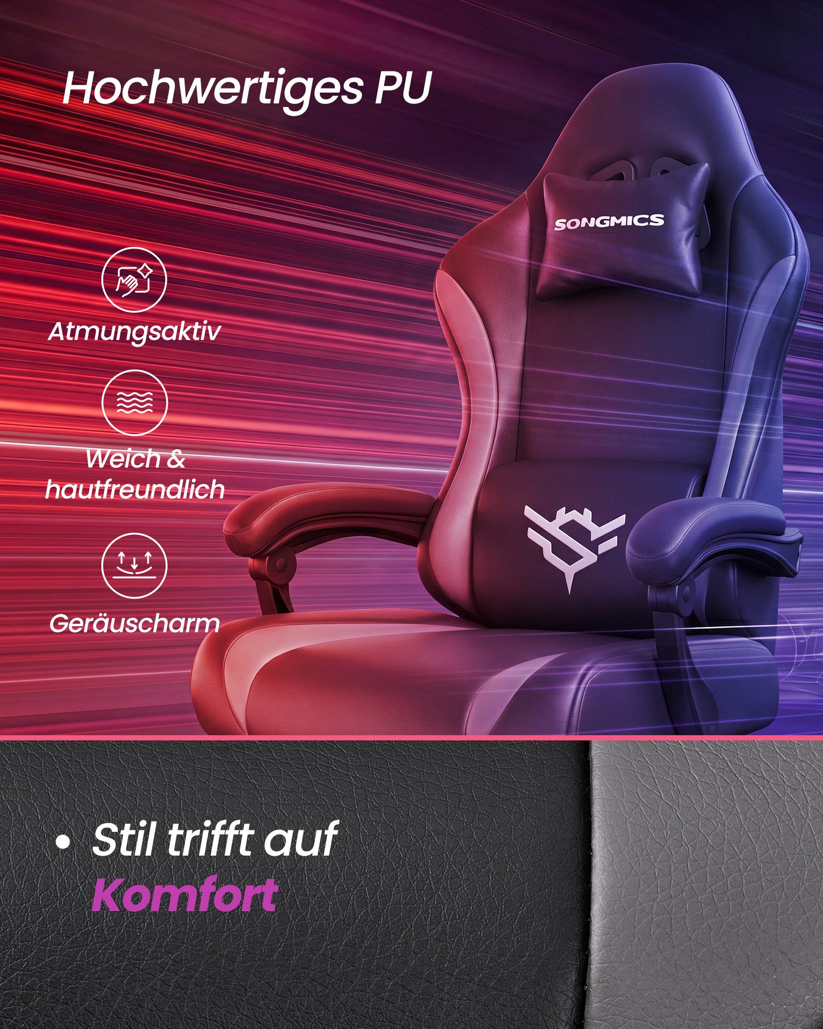 SONGMICS Drehstuhl Gaming Stuhl, ergonomischer Bürostuhl, mit Fußstütze und Lendenkissen, 135° Neigung, aus PU-Leder, 70 x 70 x 120-130 cm