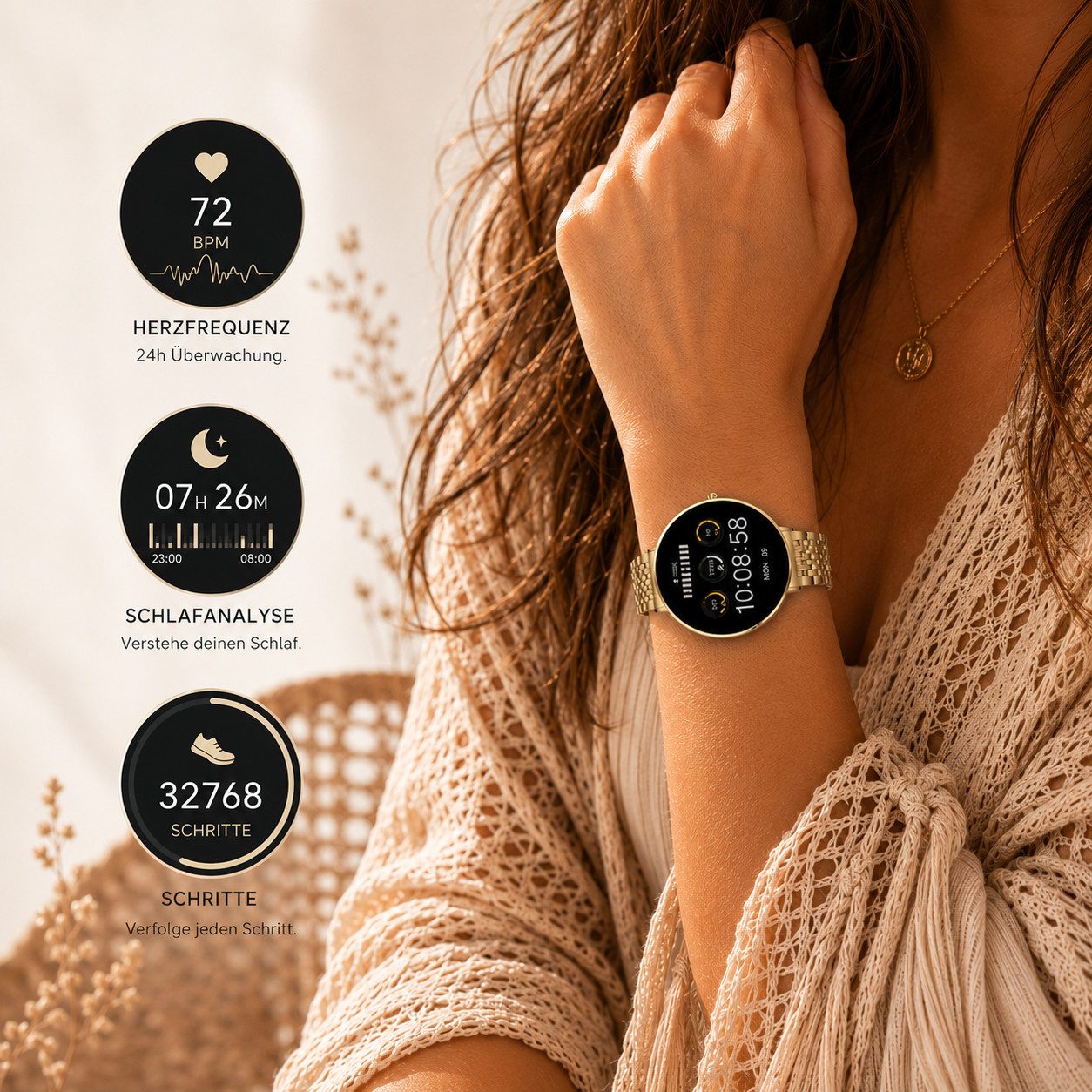 XCOAST SIONA2 ultraflache Damen Smartwatch (4,2 cm) AMOLED, Frauen Smartwach, Armbanduhr, 1-tlg., Edelstahl, dezente Damen Smart Watch, 7 Tage Akku, Blutdruck, Puls, Sport
