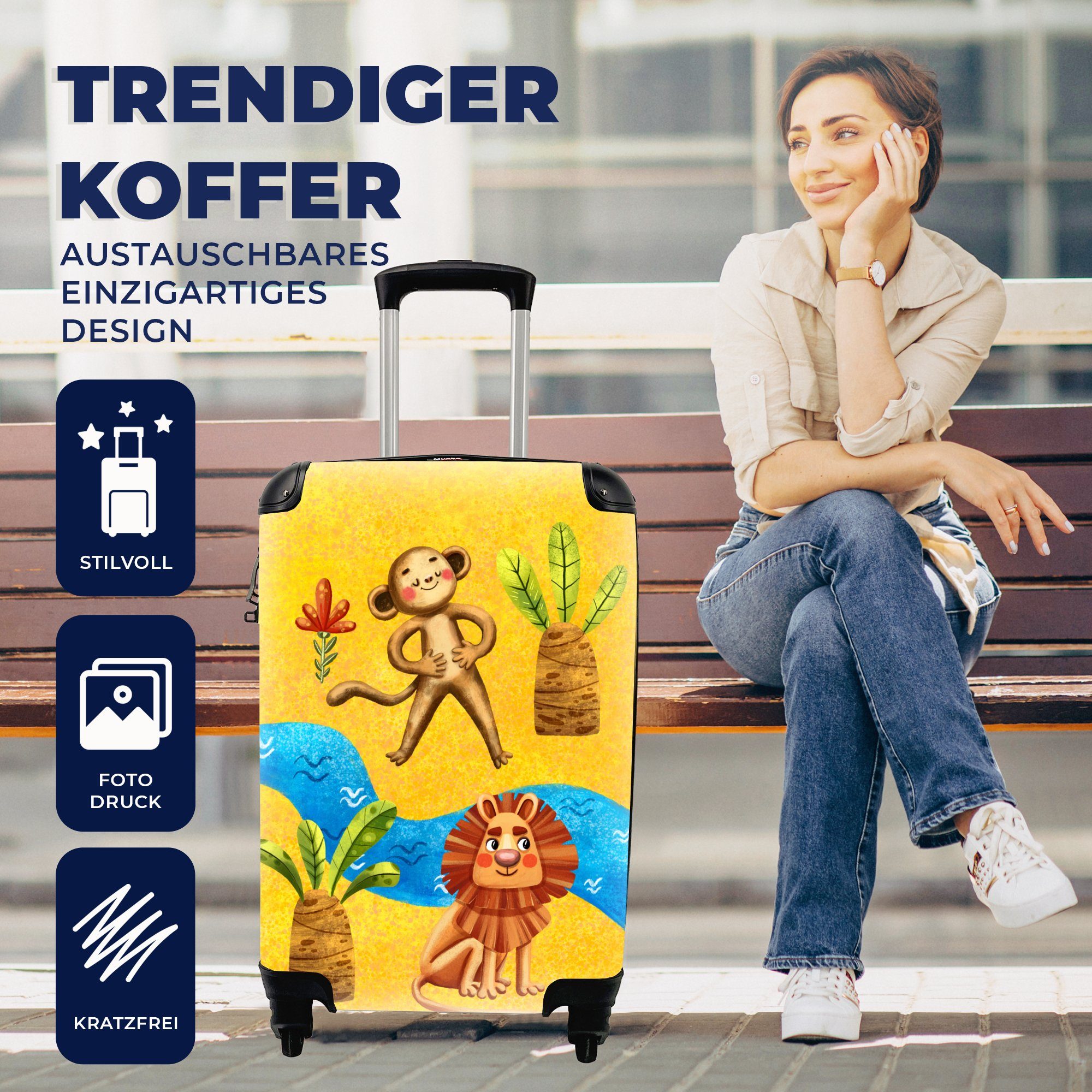Handgepäck 4 Reisekoffer mit für - - - Trolley, Ferien, Löwe Affe Handgepäckkoffer Rollen, Palme rollen, MuchoWow Reisetasche Wasser,