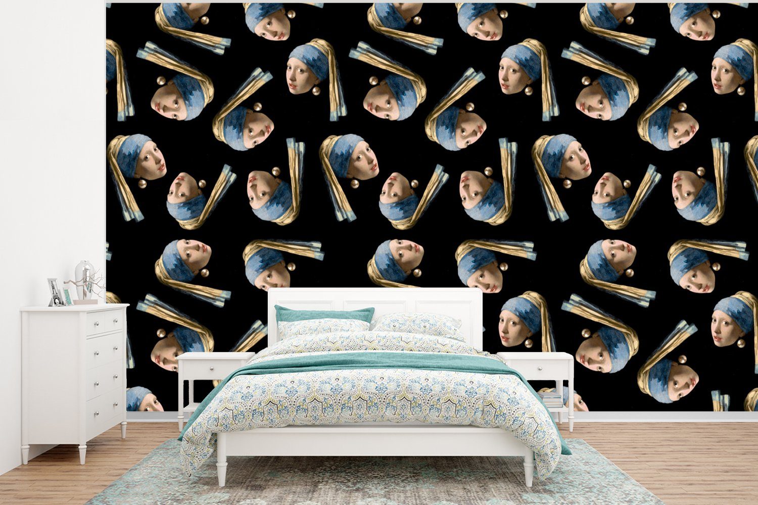 MuchoWow Fototapete Das Mädchen mit dem Perlenohrring - Muster - Alte Meister, Matt, bedruckt, (6 St), Wallpaper für Wohnzimmer, Schlafzimmer, Kinderzimmer, Vinyl Tapete