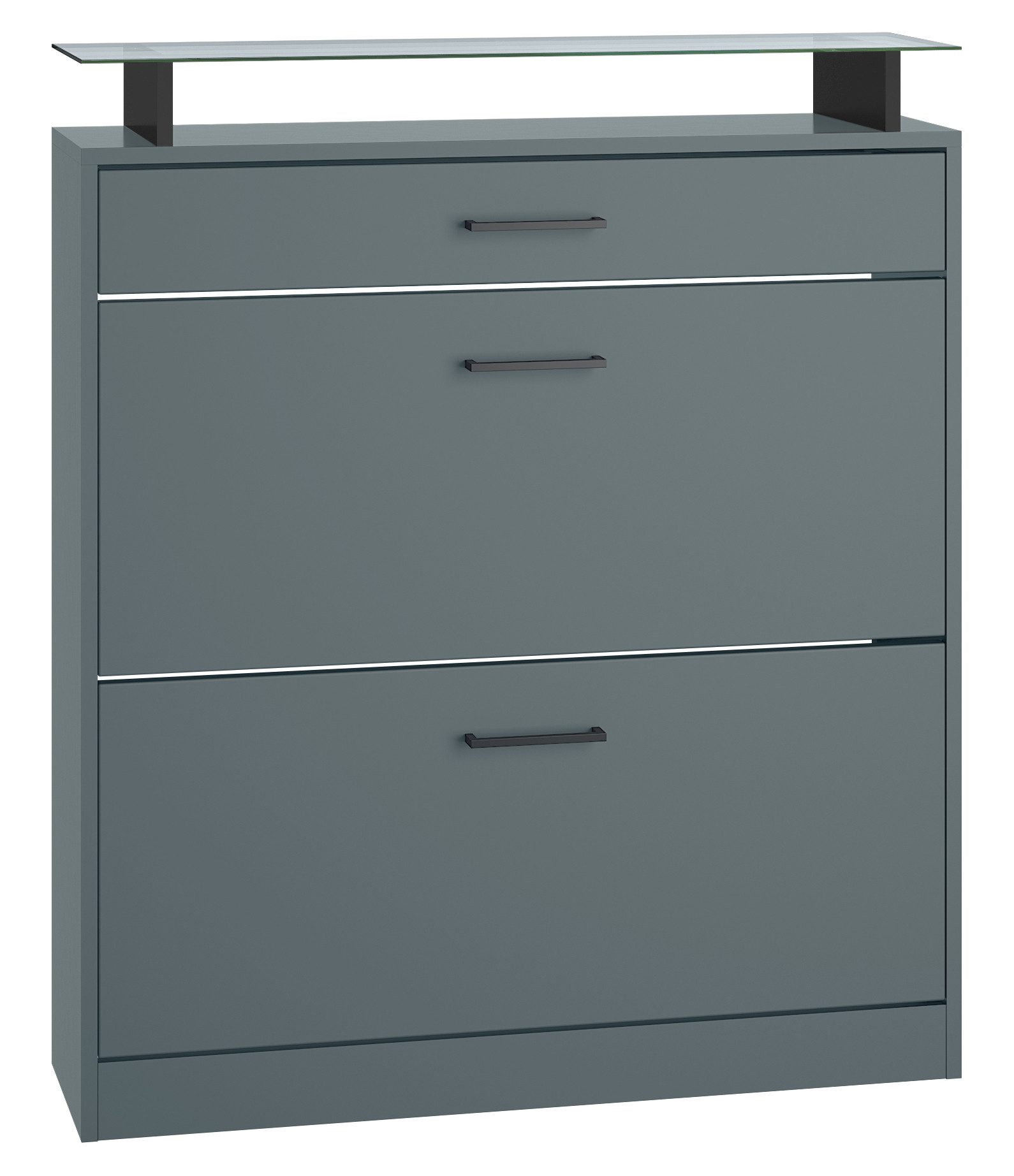 Vladon Schuhschrank Enigma (Schuhkipper, für 16 Paar Schuhe mit 2 Klappen und 1 Schublade und Glasablage) Fjord Grün (89 x 104 x 23 cm)