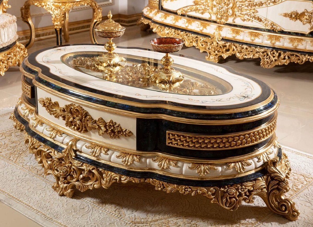 - Wohnzimmertisch Padrino Prunkvoller Prunkvoll - Barock Gold Luxus Edel Couchtisch - Couchtisch Möbel Casa Barock Weiß mit Massivholz / & Blau Glasplatte /
