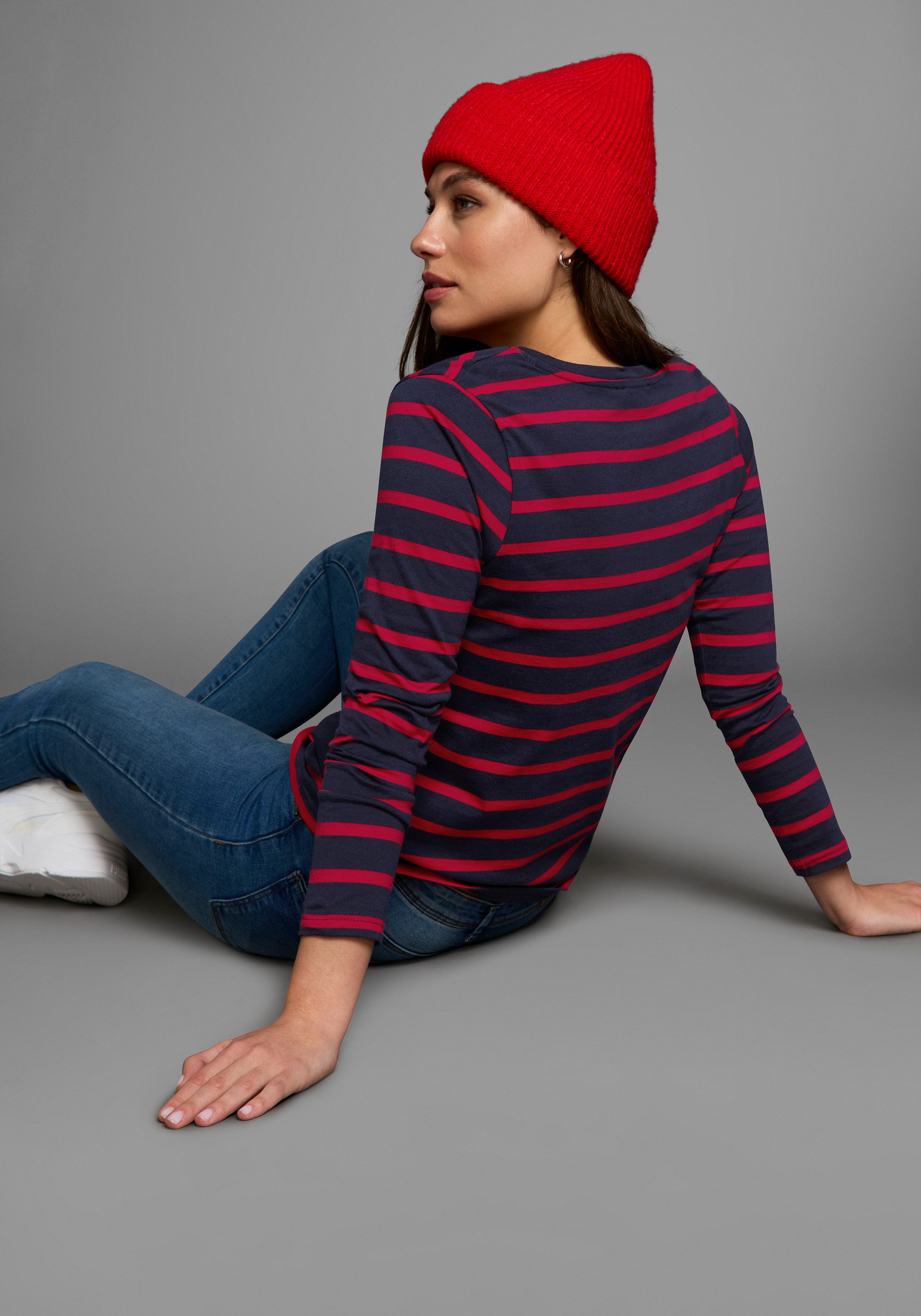 AJC Langarmshirt gestreift, Rundhalsausschnitt, aus Baumwolle, aus Single Jersey