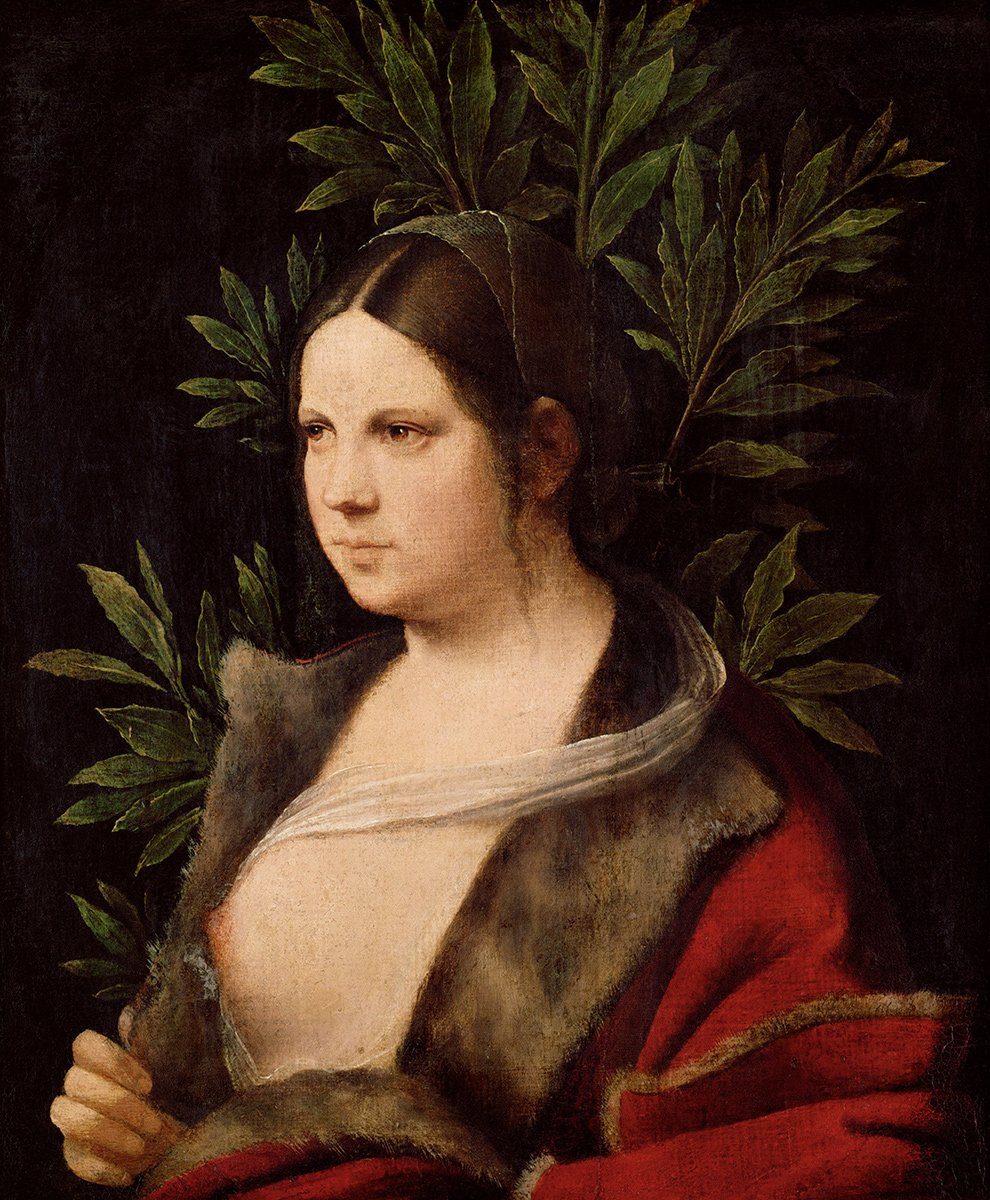 Kunstdruck Young Woman Laura Giorgione Frauen Nackt Brust Zweige Kleid Kopftuch B, (1 St)