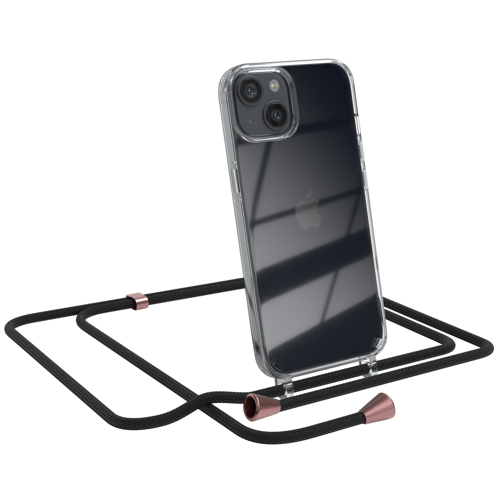 EAZY CASE Handykette Hülle mit Kette für Apple iPhone 13 6,1 Zoll, Handykordel Smartphonekette für Unterwegs Festivalbag Schwarz Rosé