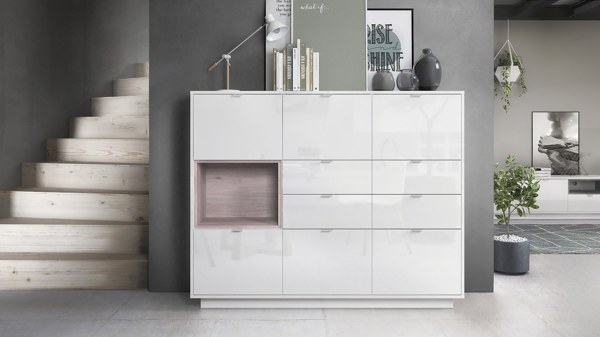 Vladon Highboard Metro V2 (Highboard, mit 6 Türen, 4 Schubladen und 1 offenem Fach), Eiche Nordic (153 x 123 x 37 cm)