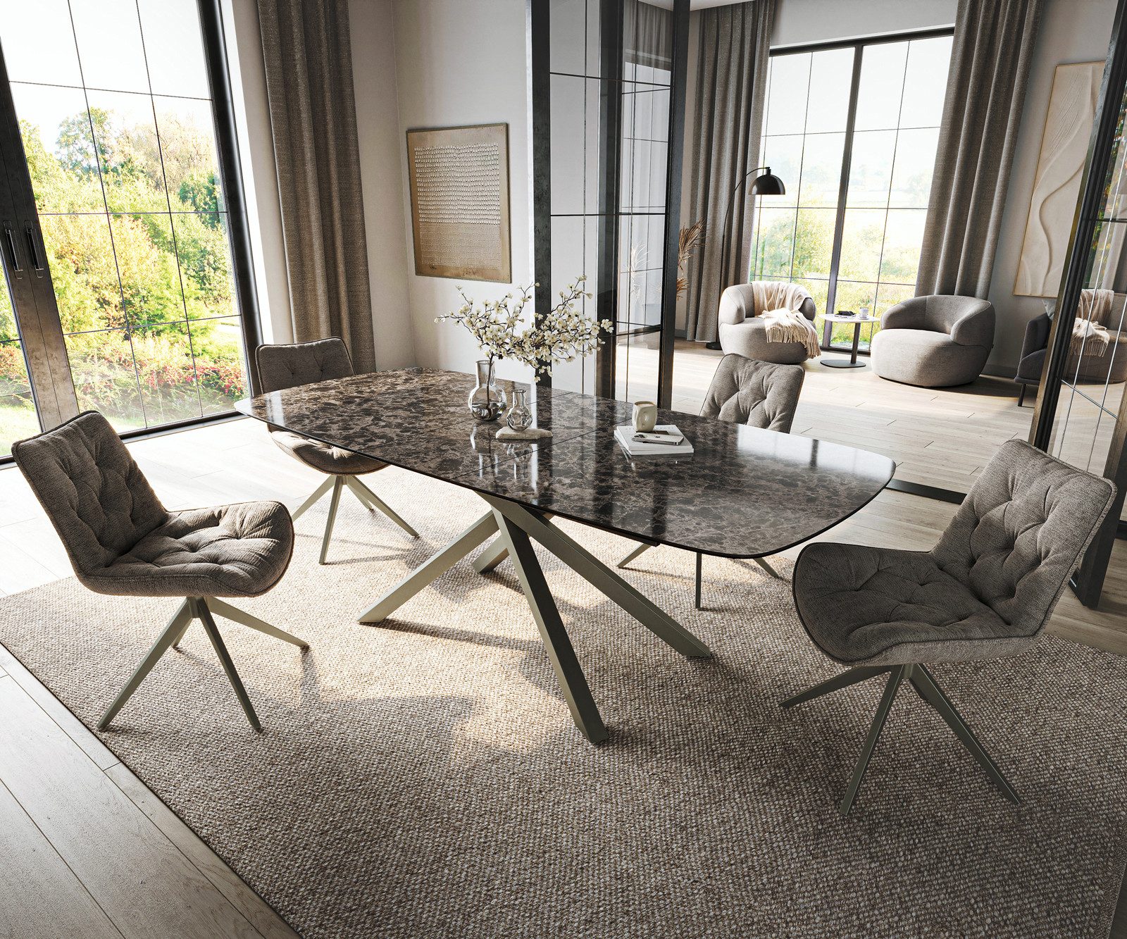 DELIFE Esstisch Edge, Boot 180-220x100 cm Keramik Emperador Extra Lucidato Dunkelbraun Kreuz
