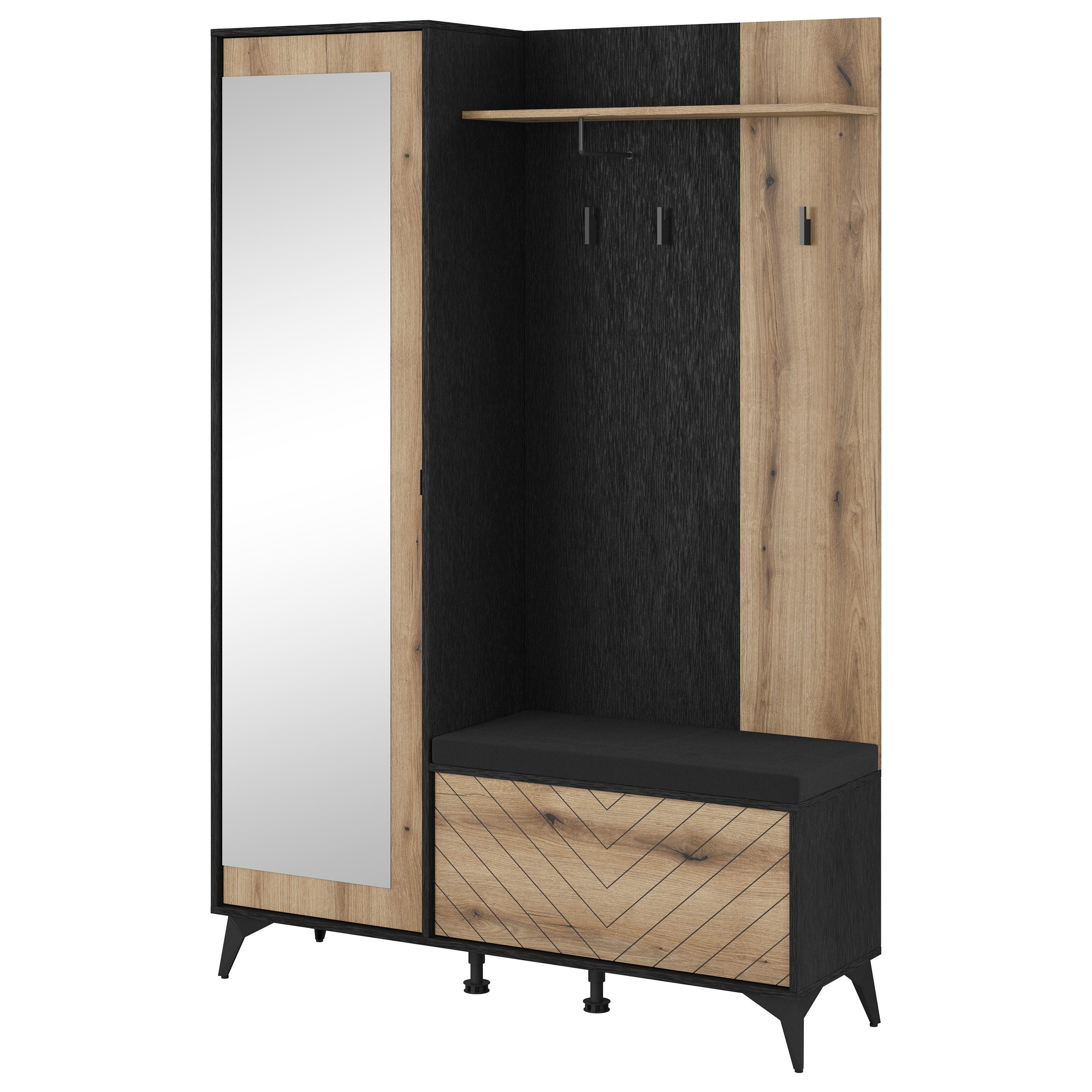 Masseno Garderobenschrank DIAMANTE 134 x 197 cm Flurmöbel mit Spiegel und 2 Türen Schwarz