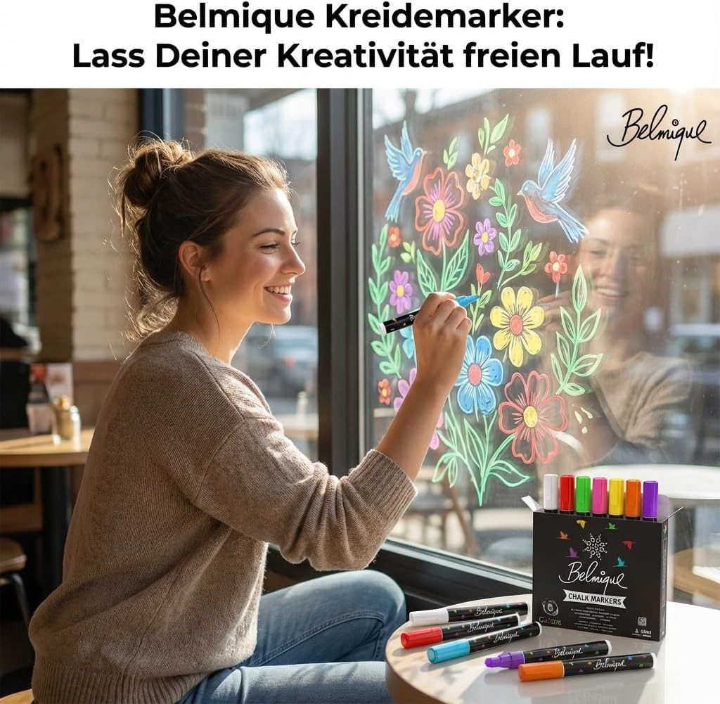 Belmique Malkreide Kreidemarker - Kreidestifte Pastellfarben, (Set, 12-tlg), Ideal für Tafel, Fenster, Whiteboard - Feine Rund-& Schrägkeilspitze – Bild 2 von 5