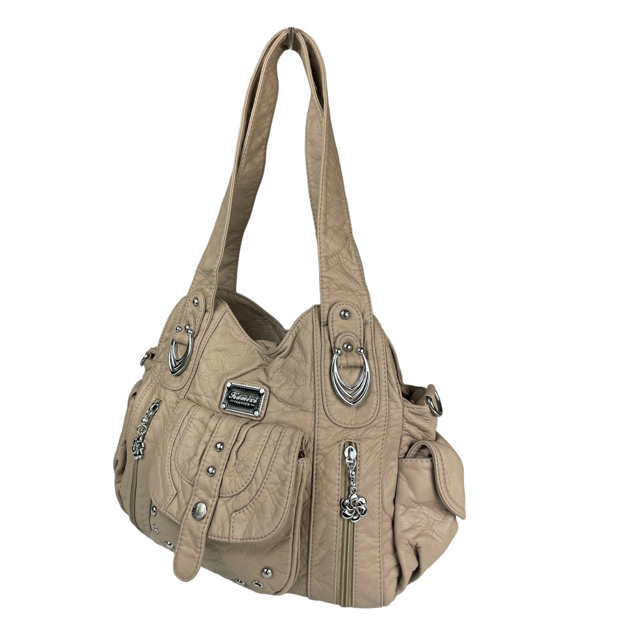Taschen4life Schultertasche Damen Handtasche lange & Schultertasche abnehmbarer beige AKW22026, Schulterriemen, Tragegriffe