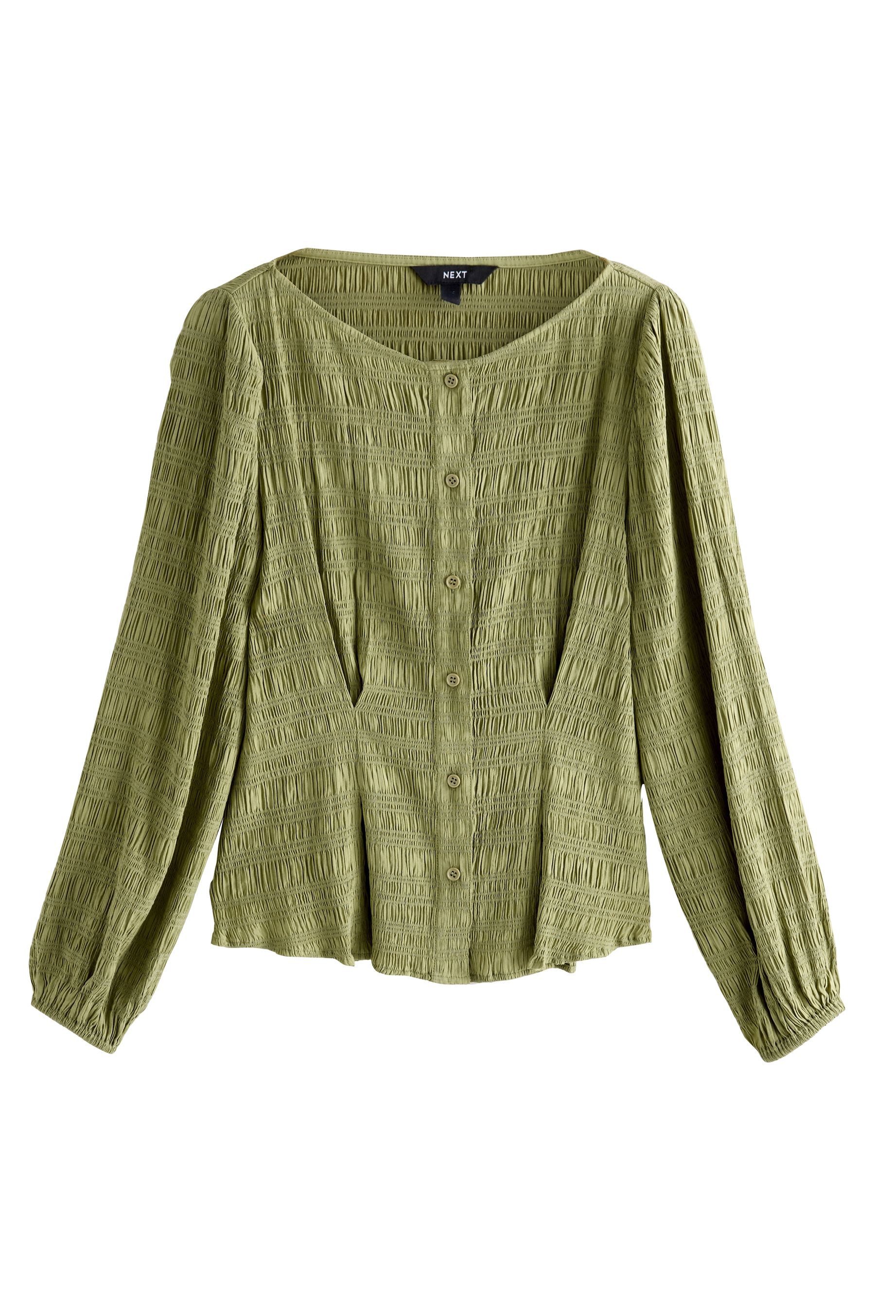 Langarmbluse Langarm-Bluse mit U-Boot-Ausschnitt + Knopfleiste