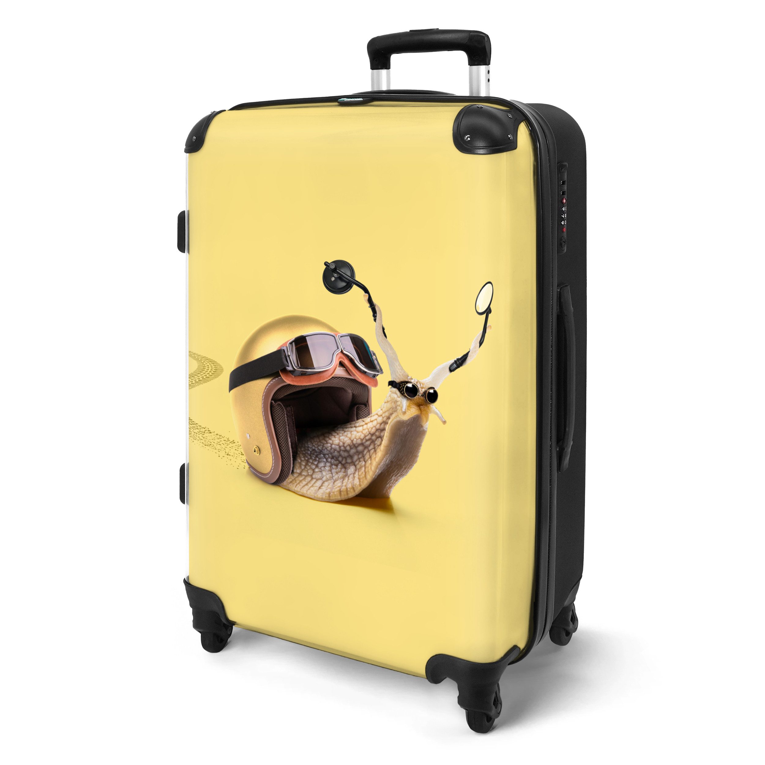 NoBoringSuitcases.com© Hartschalen-Trolley mit leuchtende Räder - Schnecke - Helm - Rennsport - Kinder 67 cm - 72, 4 Rollen, Reisekoffer mit Rollen Mittelgroßer für 20kg, Jungenkoffer