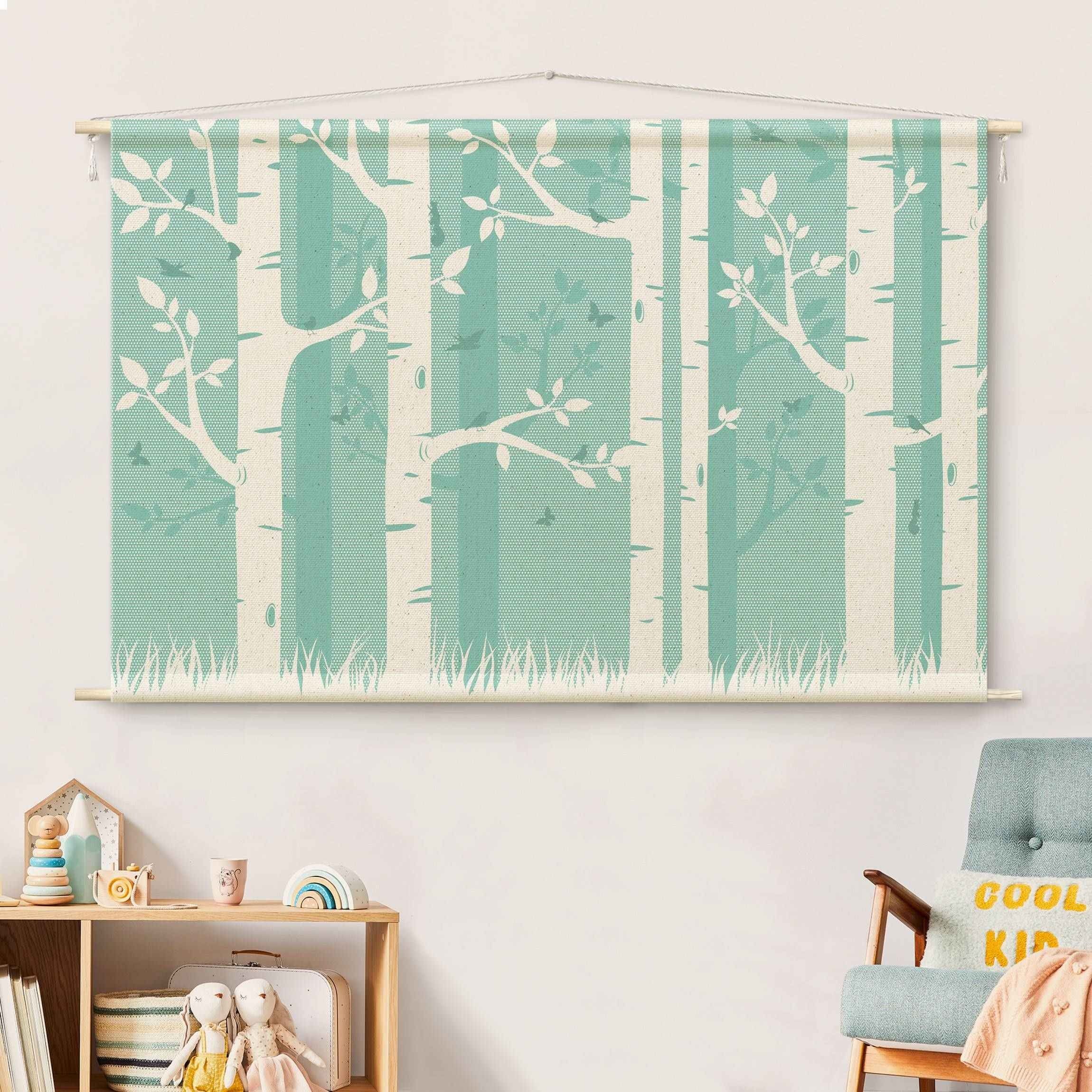 Bilderdepot24 Wandteppich Kinderzimmer modern Wald Unifarben Wald türkis, rechteckig, Höhe: 2.6 mm, großes Wandbild aus Natur-Baumwolle Wandbehang Stoffbild Tuch Wollseil