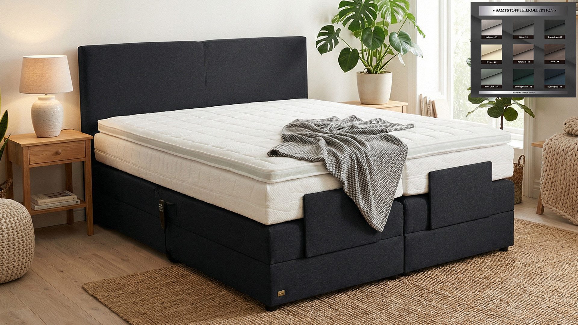 PAARA Boxspringbett Montana elektrisch verstellbar mit Motor alles, inkl. Matratze und Topper, mit einzigartigem Belüftungssystem
