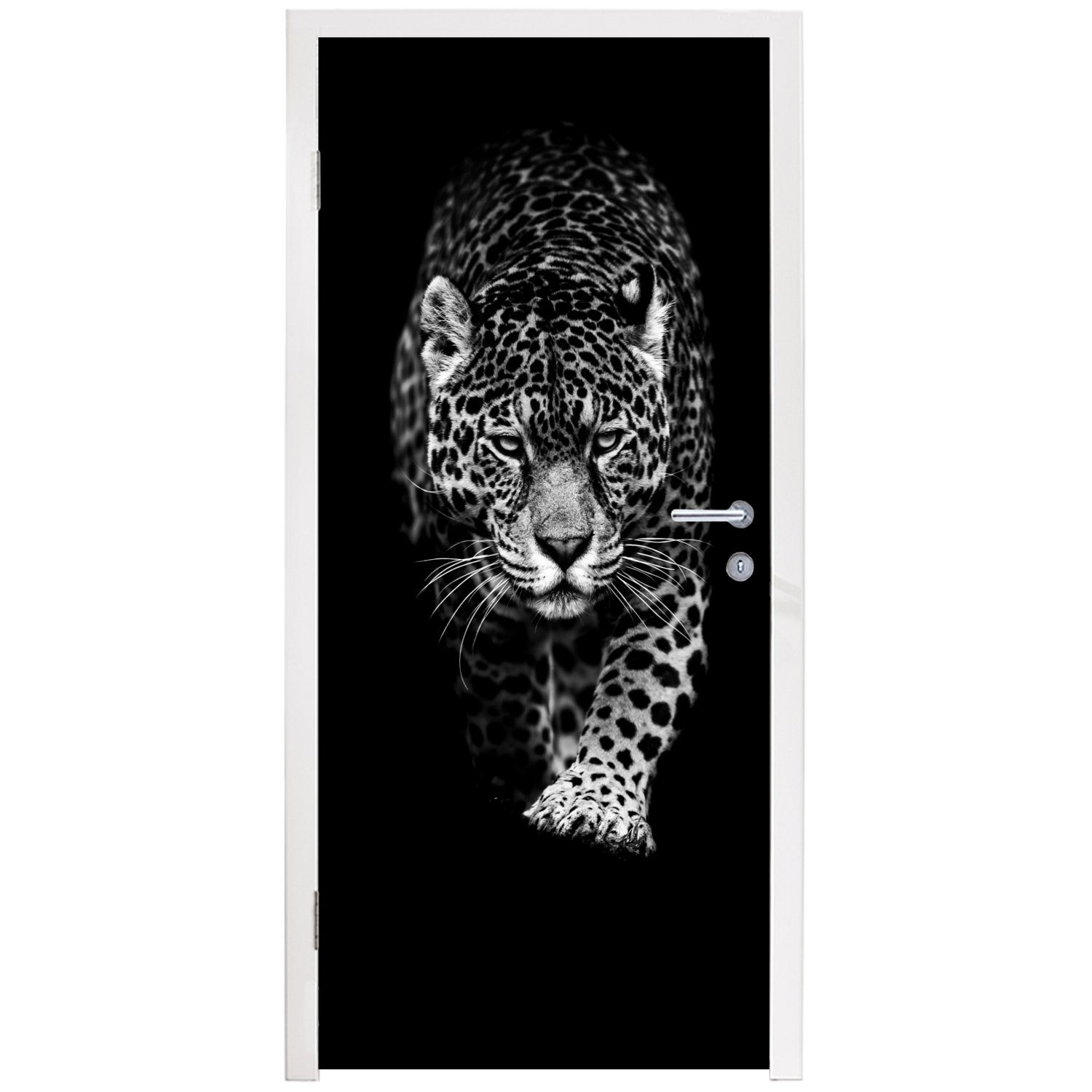 Türtapete Matt, Türaufkleber, - - für - Tiere Fototapete (1 75x205 cm Tür, - Wild, Weiß MuchoWow St), Leopard Schwarz bedruckt,