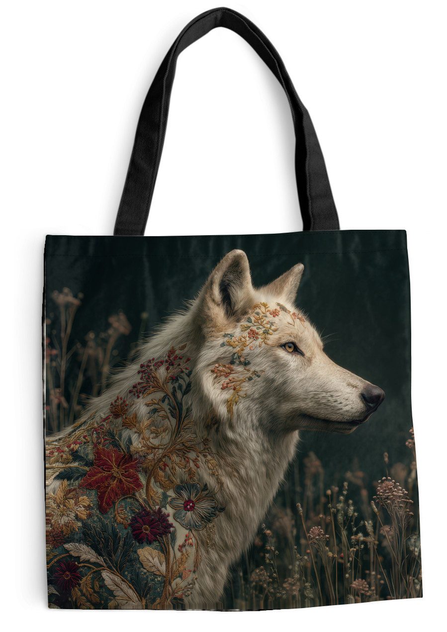 MuchoWow Shopper Wolf - Blumen - Natur, Handtasche, Damen und Herren, Schultertasche, Umhängetasche, Tote Bag