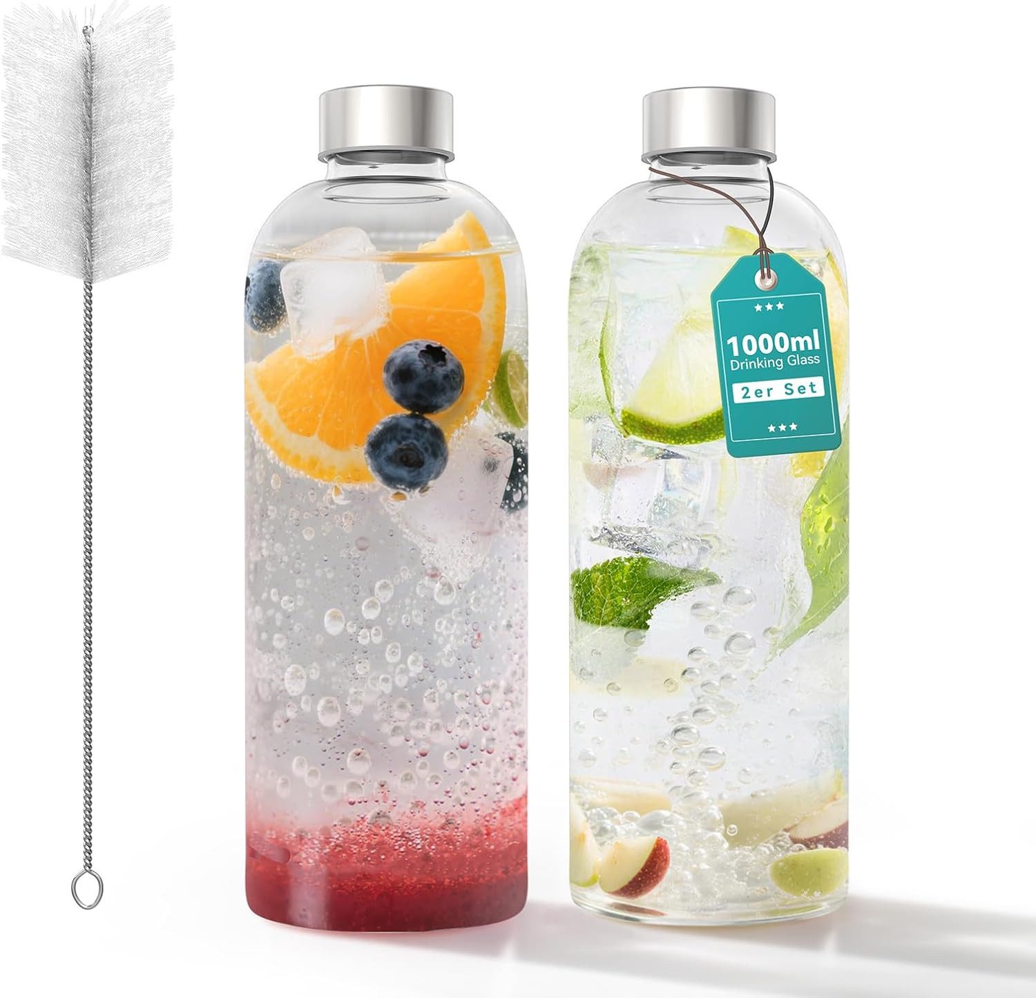 FELIXLEO Trinkflasche 2er Set Glas Trinkflaschen 1000ml Borosilikat Edelstahl Deckel
