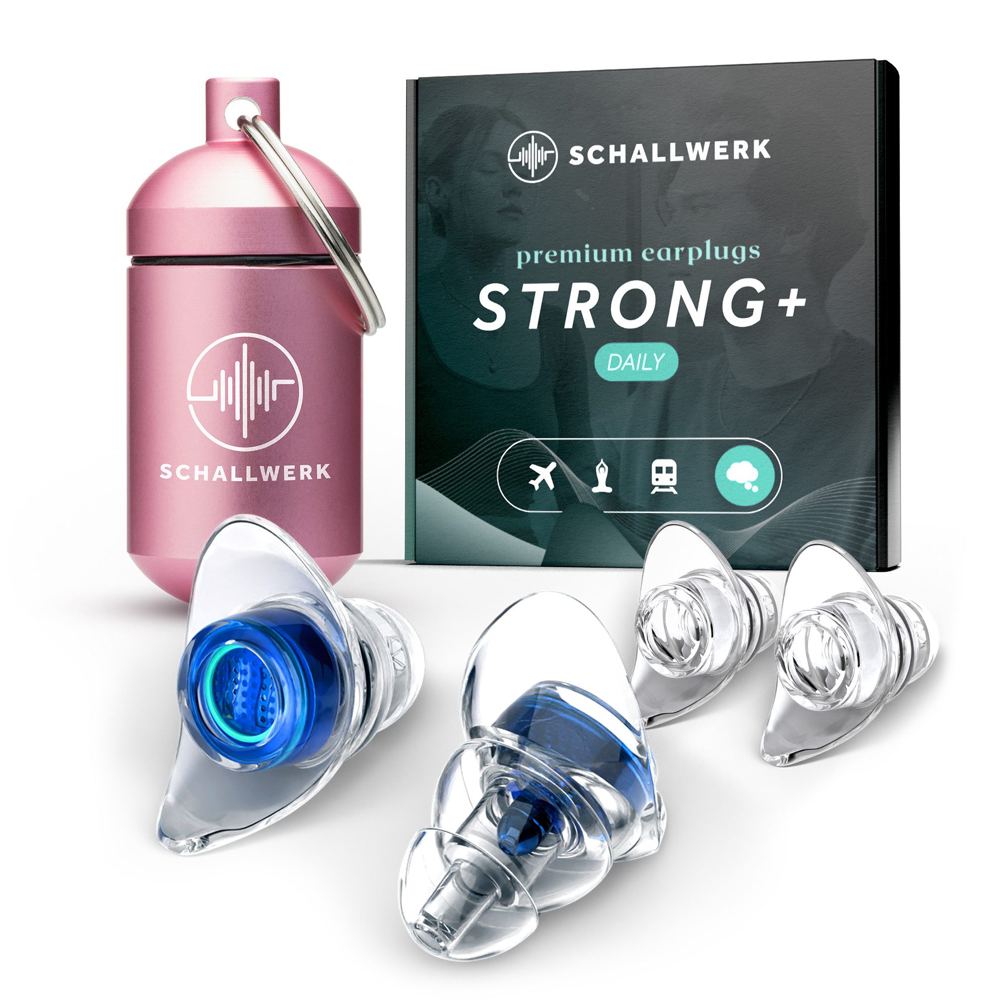 Schallwerk Gehörschutzstöpsel Strong+ Daily Ohrstöpsel dämpfen Lärm & erhalten Tonqualität, Ohrenstöpsel transparent mit Aufbewahrungsdose