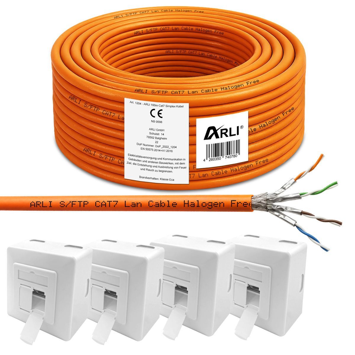 ARLI Netzwerk-Adapter, Cat7 Verlegekabel 100m Netzwerkkabel Netzwerk Kabel +4x Netzwerkdose