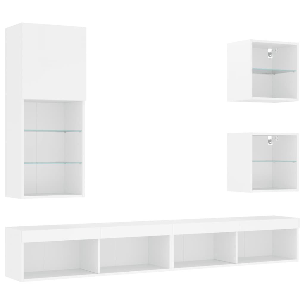 TV-Wand 5-tlg. Wohnwand mit LED-Beleuchtung Weiß Holzwerkstoff
