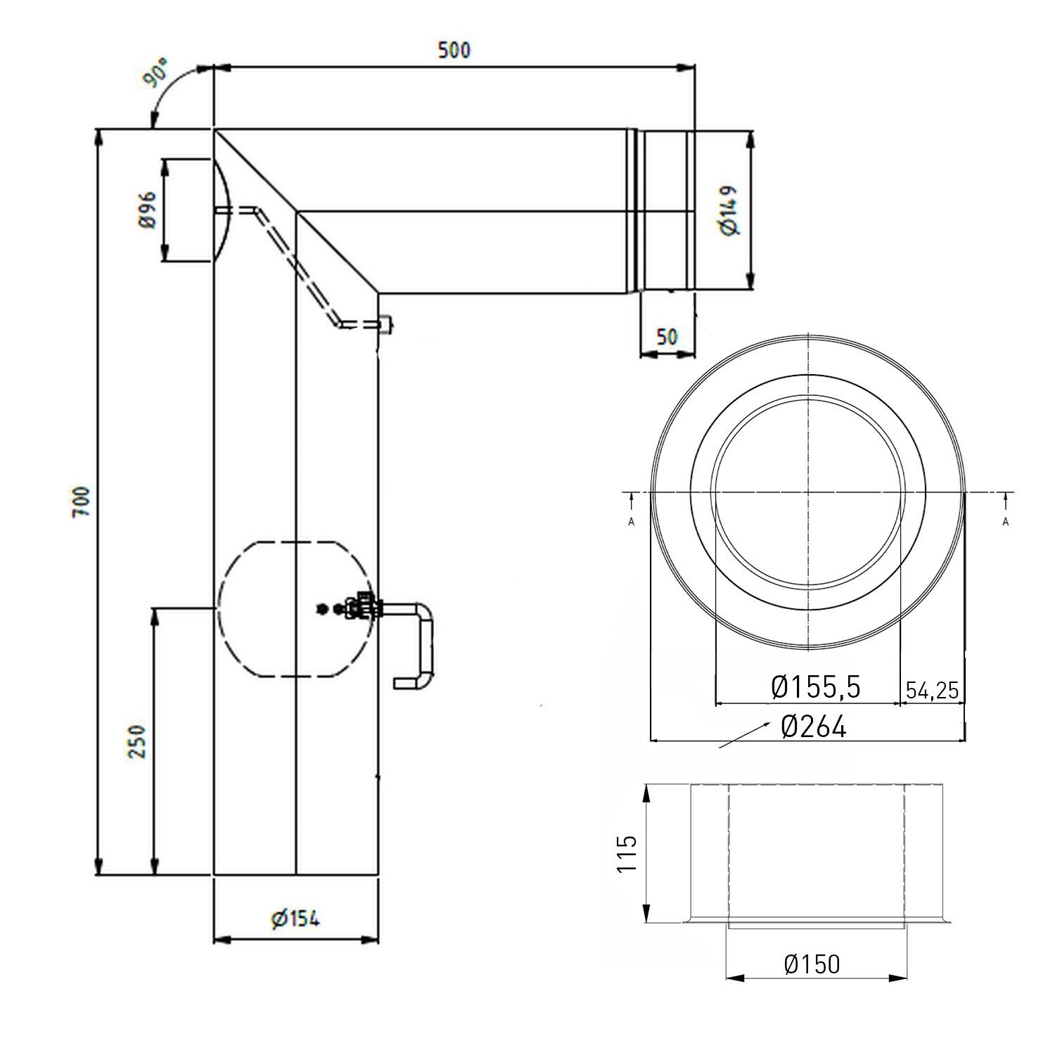 Raik Ofenrohr Raik WBG Set 150/90° 2,00mm 2-tlg 700/500, mit DKL grau für Ofenrohr, Set