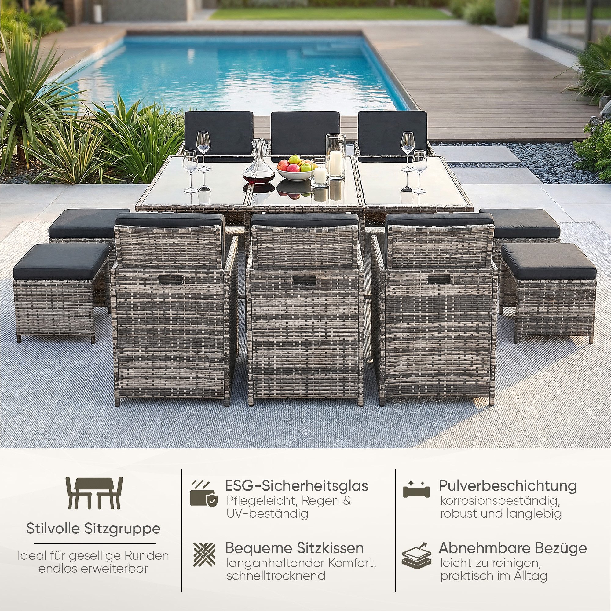 Swing&Harmonie Garten-Essgruppe Poly Rattan Sitzgruppe Esstisch Lounge Gartenmöbel, (Sitzgarnitur, Tisch, Stühle, Hocker Garnitur Set)