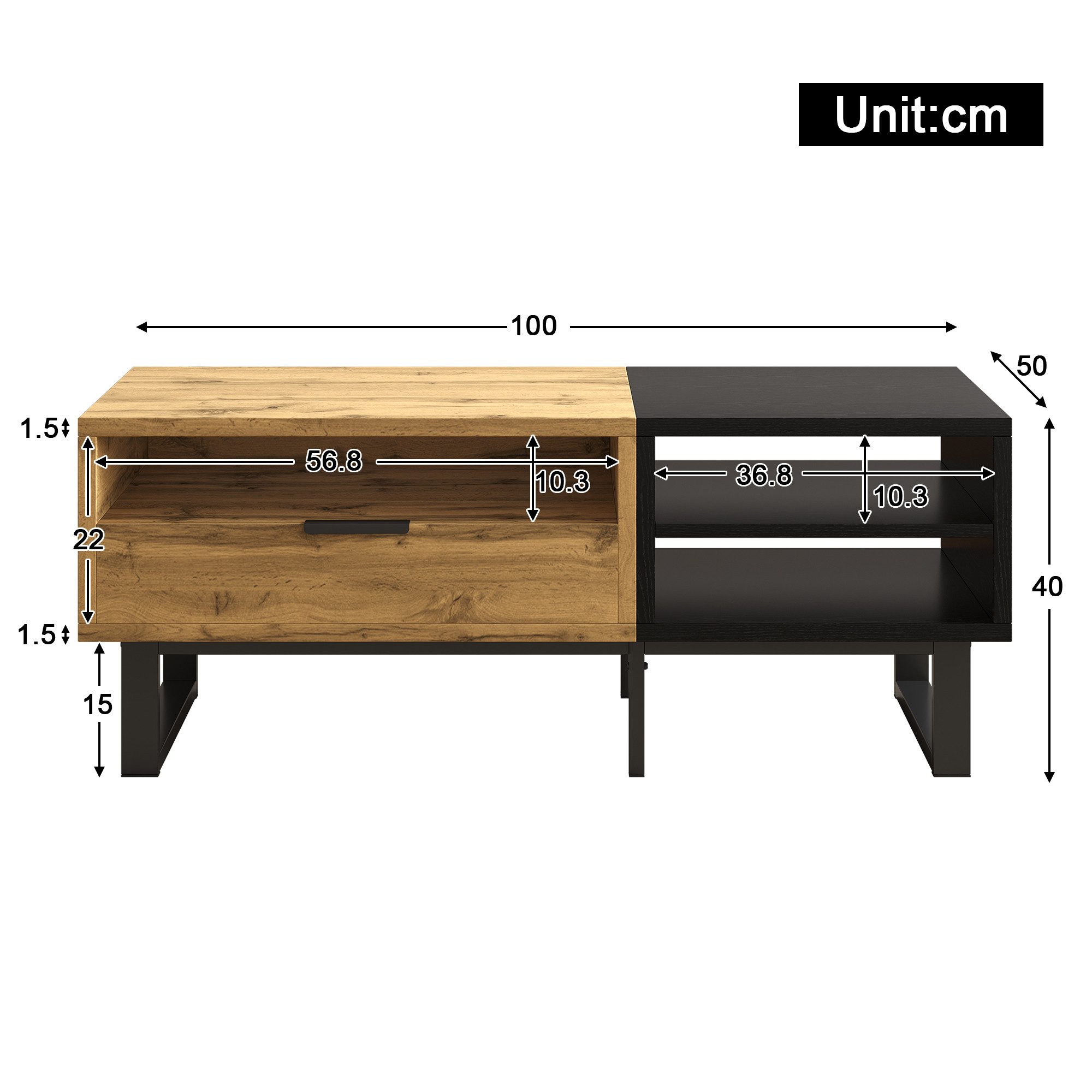 Merax Couchtisch mit Farbblockstruktur und Metallbeine (1-St), Wohnzimmertisch mit Fächern und Schubladen, 100x50x40cm – Bild 5 von 5