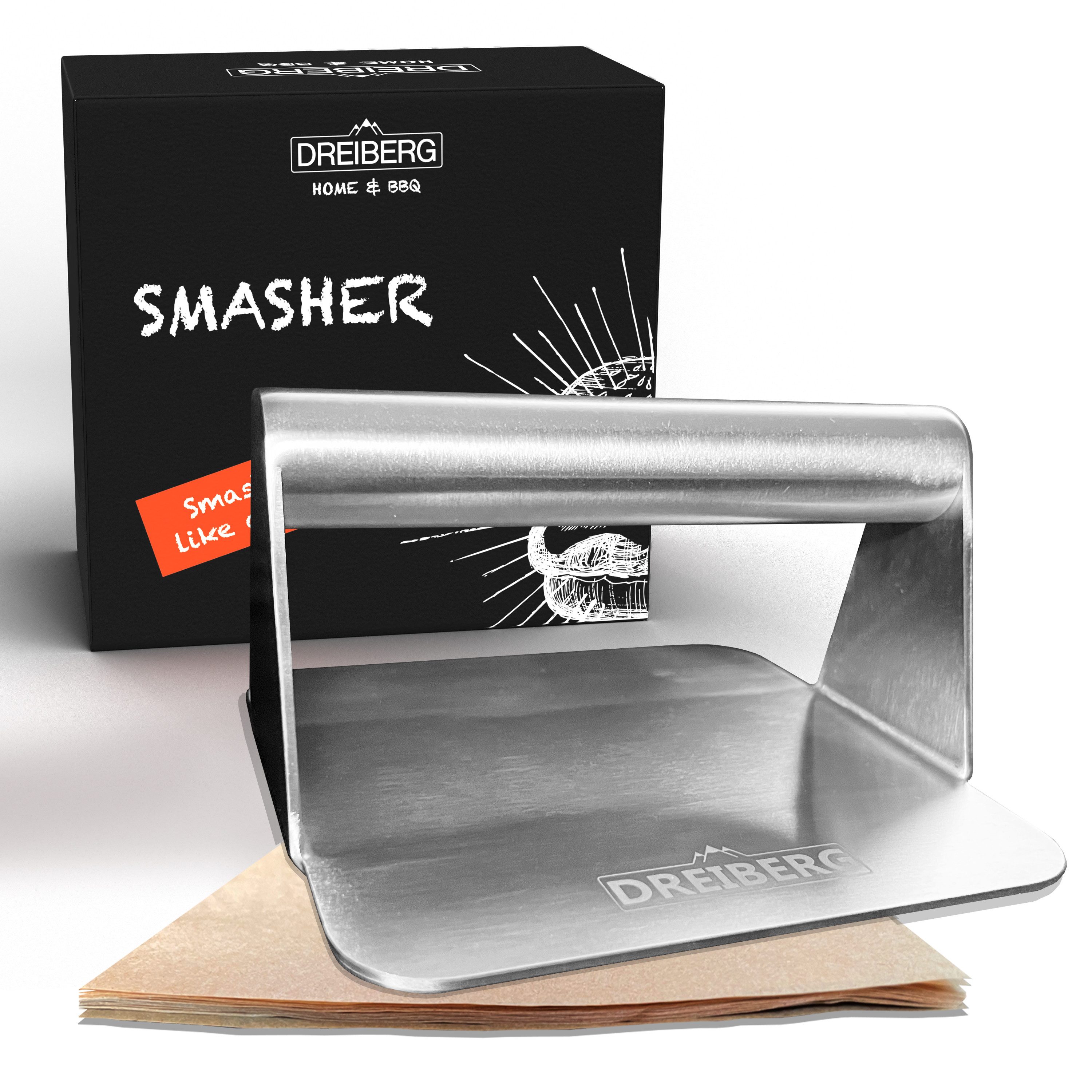 duomio Burgerpresse DREIBERG® Grillpresse Set inkl. Burgerpapier – Edelstahl Eckig (2 St)