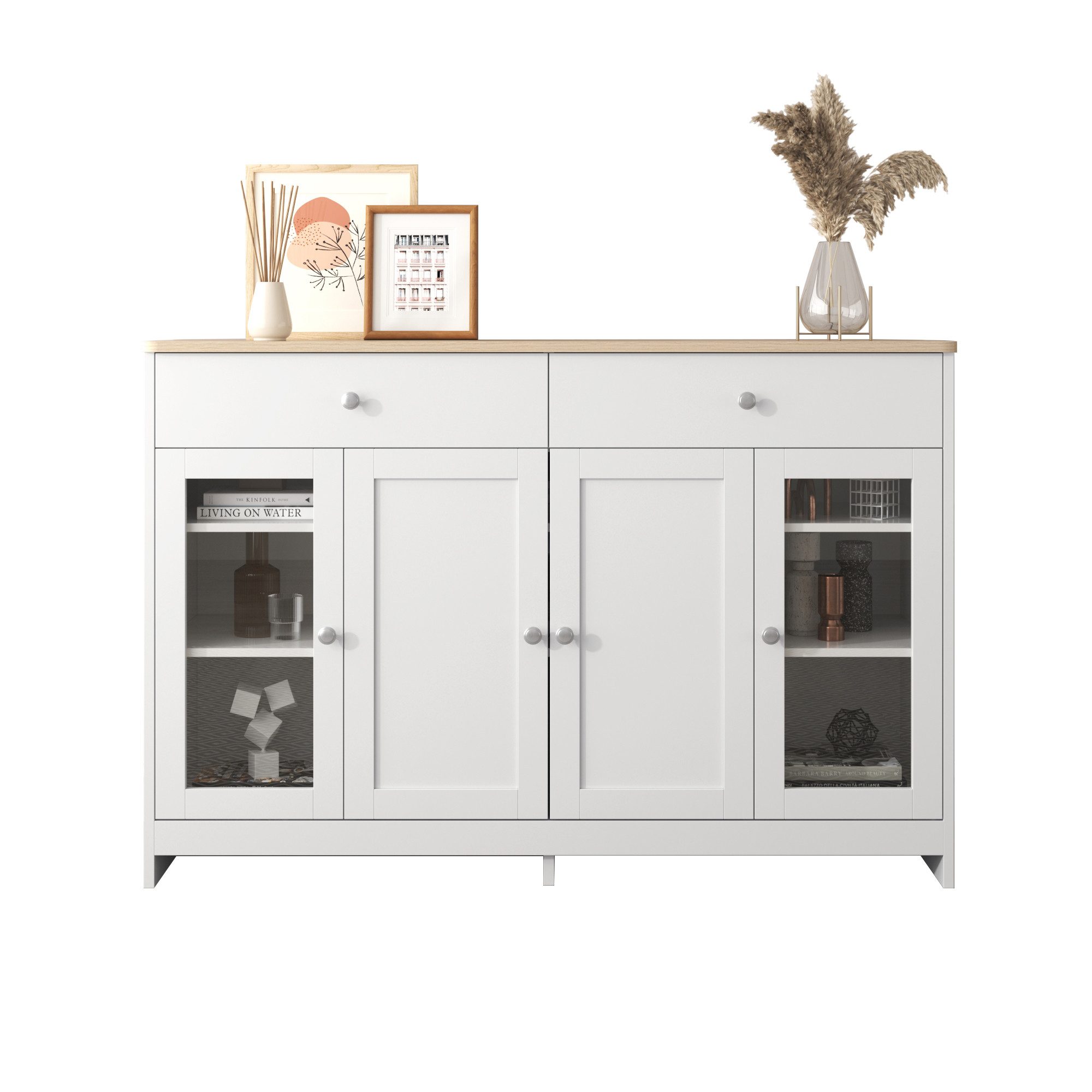 Flieks Sideboard (1 St), Beistellschrank mit Glastüren Schubladen 120*37*80cm